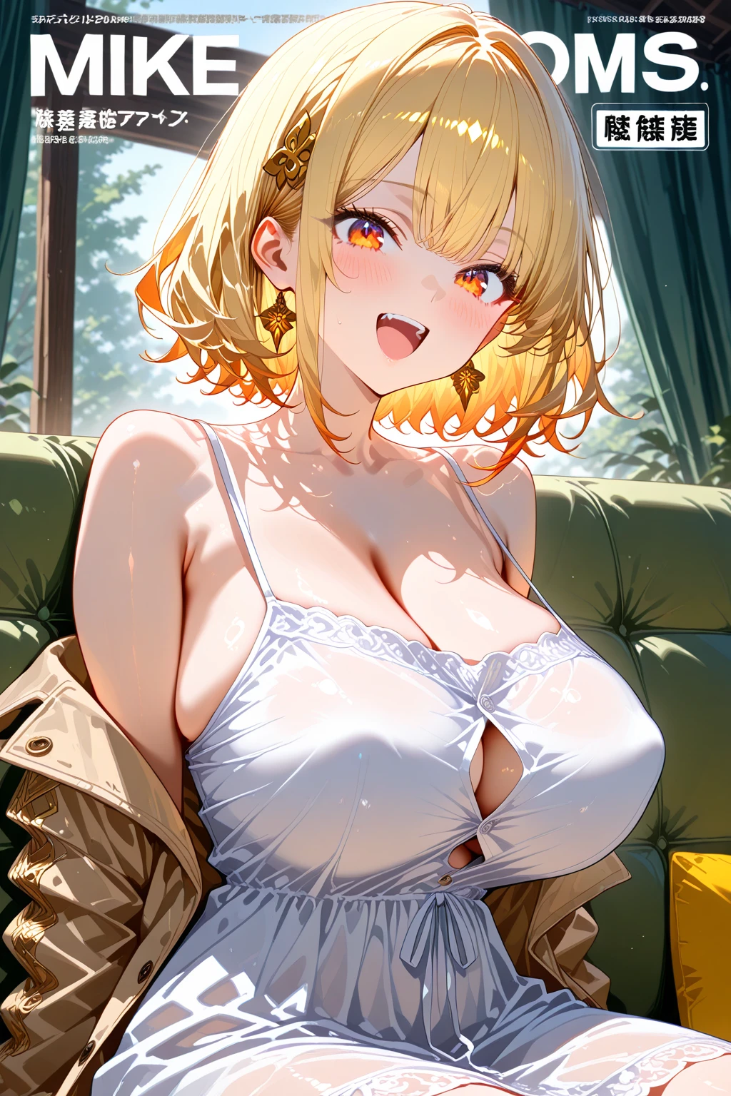 c0uchc4sting, <lora:c0uchc4sting:1> <lora:anis-nikke-richy-v2:0.8> anisswim, yellow eyes, huge breasts, orange jacket, off shoulder, light hair, sitting on couch, navel, thighhighs,