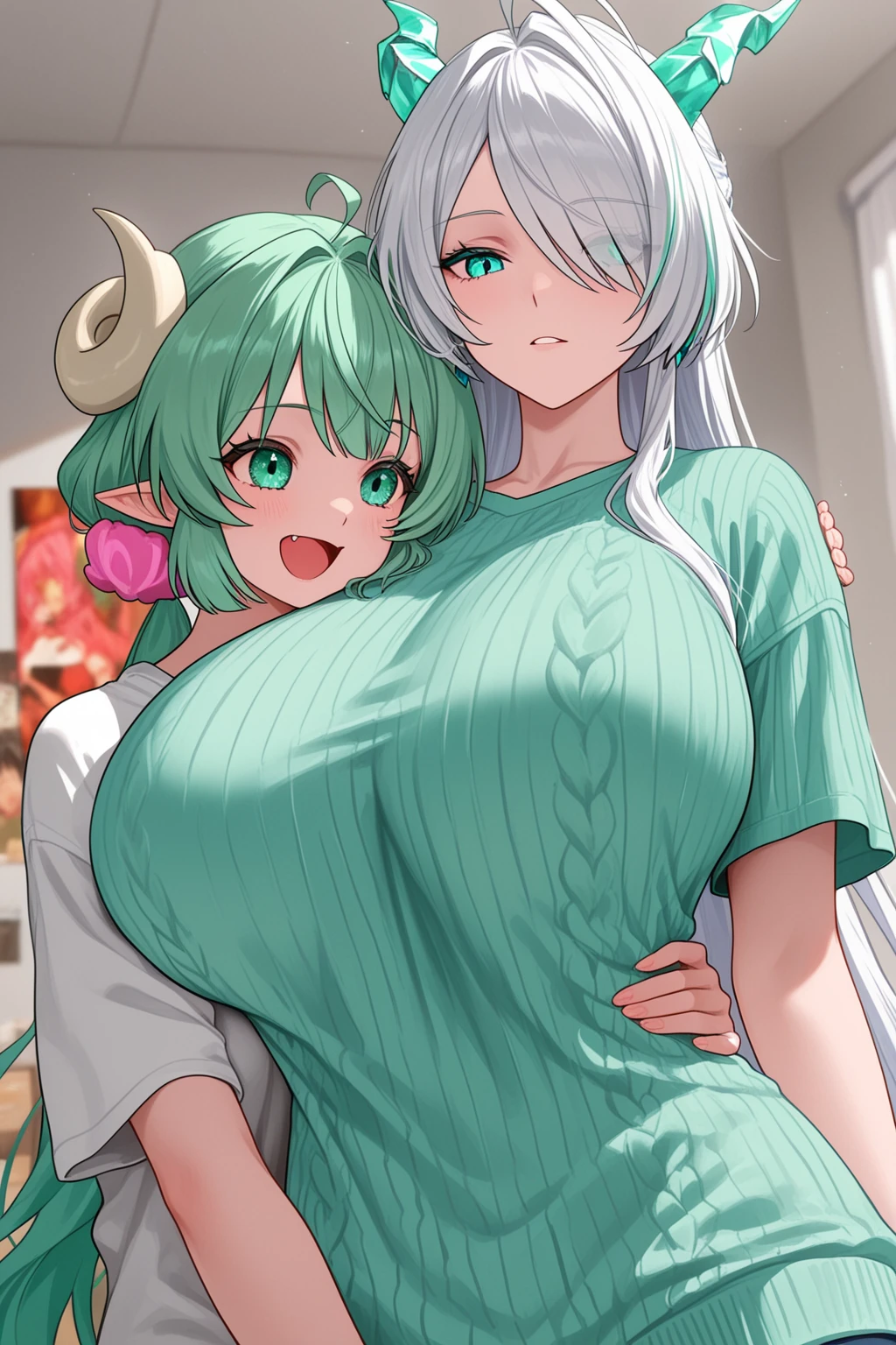In Yusuke Murata style, Hold the pose, but draw with flat colors, cel shading, limited color palette and simplified lighting. a sexy girl with big . and a sexy body .
