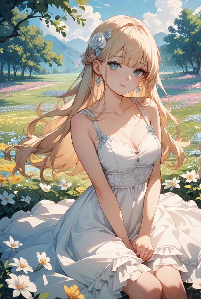 score_9, score_8_up, score_7_up,source_anime, high res image, masterpiece, best quality,high detailed,very aesthetic, absurdres,clear skin,shiny hair,ultra detailed eyes,medium_breasts,long_hair,(blonde_hair:1.4),green_eyes,jyojifuku,dress,bare shoulders,outdoors, looking_back, light_smile, white_dress,