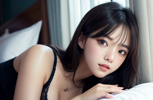 (top-quality:0.8)、(top-quality:0.8)、perfect anime illustration、Extreme close-up portrait of beautiful woman in white underwear relaxing in bedroom