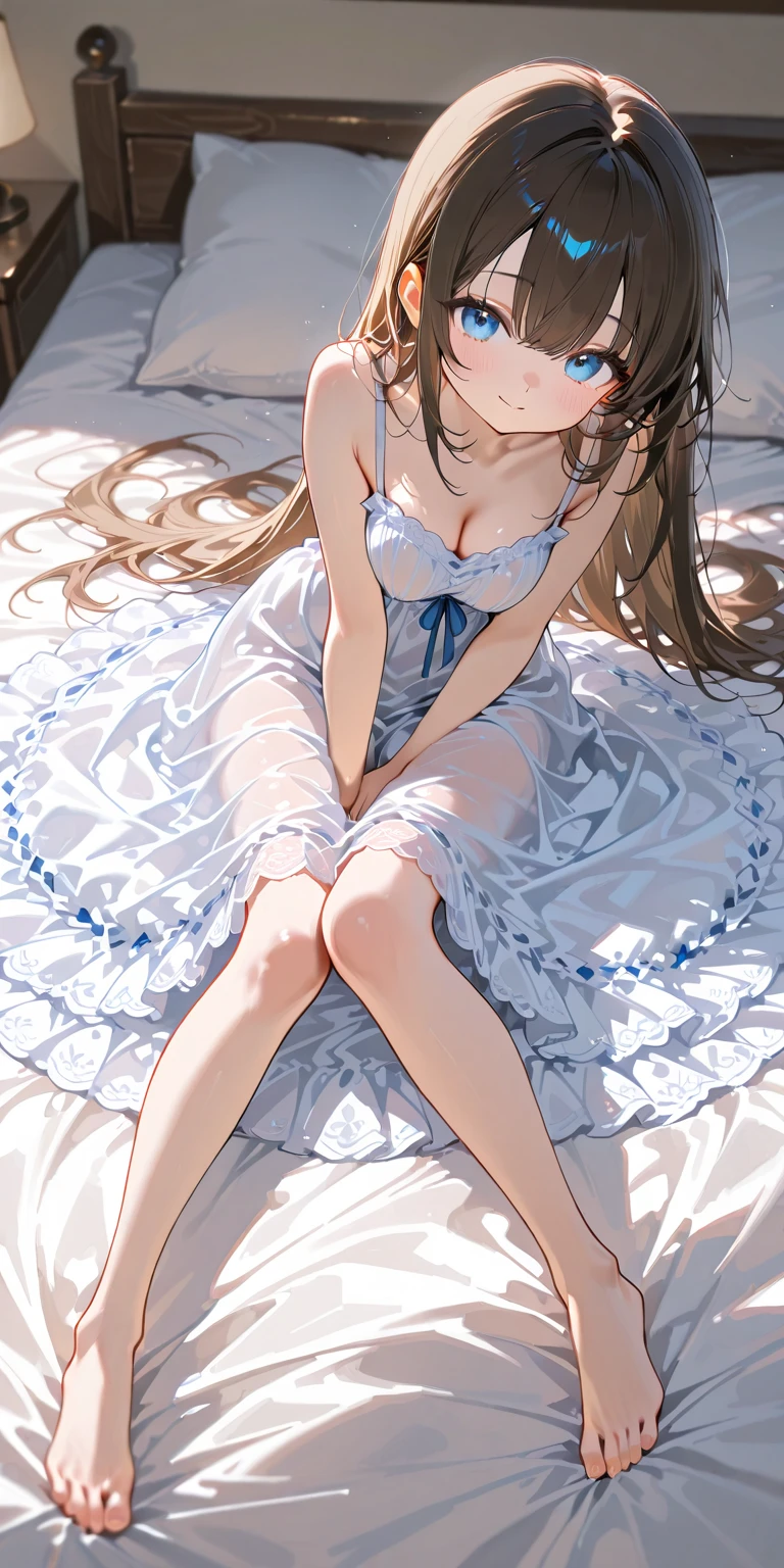 ((masterpiece)), highest quality, Super detailed,(One girl), Long Hair,Beautiful background ,((Dress with white stockings with garters)), chest, Curved body,Lie in, Look to the side, Worried face, 
