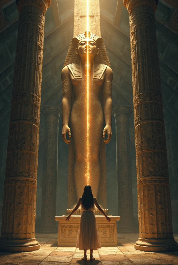 A golden beautiful Alien woman, dressed in primitive clothes, on a pedestal in a large Egyptian temple, many primitive people, dressed in primitive tribal clothing stand around the pedestal, while they make offerings to their divine golden woman whom they worship as a goddess.