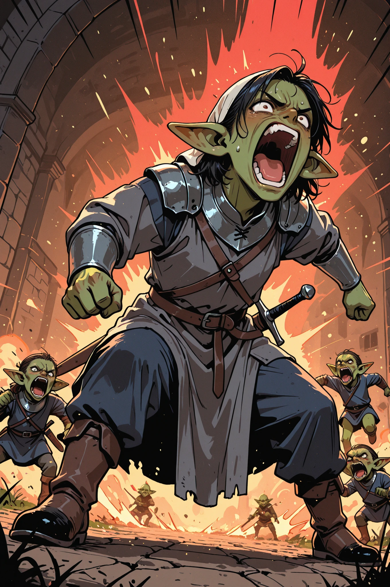 fighting stance,1girl,1boy,orc