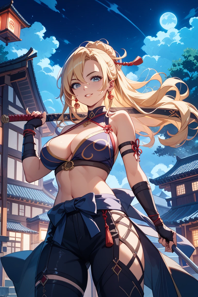 Erotic Anime Illustration、best image quality、Plump gal samurai guarding the castle gate、mordred、perfect proportions、samurai armor、Overwhelming big breasts that go beyond common sense、thick legs with fat、cowboy shot、Also々new expression