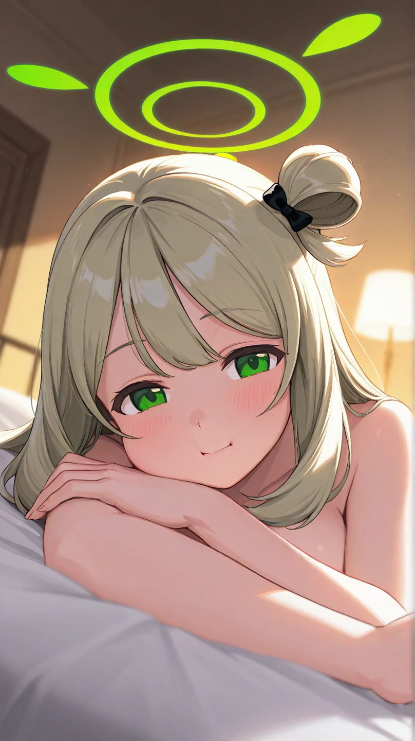 1 girl, best quality, tmasterpiece, beautiful, detailed eyes, HD, extremely detailed, visually inspect the audience, long green hair, (green eyes:1.3), (((solo:1.1))), mouth sticking out tongue, the face is slightly red, is shy, blush, full bodyesbian, adorable, Lori small breasts cleavage, white dress, (sitting on his knees on the bed:1.4),