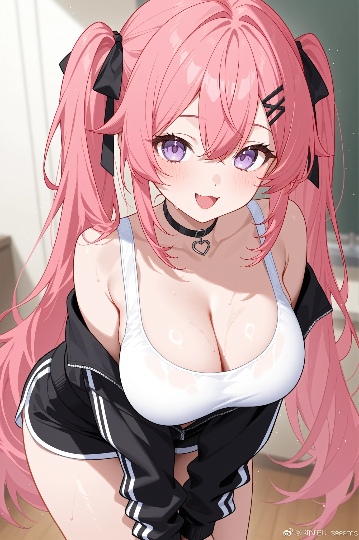 (8k, Highest quality, masterpiece:1.2),\(eye\),(\(Garment Details\)\),Face Focus,((Upper body only configuration))、(Huge breasts) ,Very detailedCG Unity 8k 巨大なファイルサイズ,Very detailed,High resolution,Absurd,美しいeye,Ray Tracing,Dramatic Shadows,finely,Hyper Detail,(1 person:1.3),(alone),,Pink Hair,wear(Cosplay_,Pink and black frilled and ribbon latex dress bikini with exposed nipples,Black latex short skirt),blush、Sweat、Thick thighs、Showing panties、Sweat、hot、Haa、Knee socks、Erect nipples、Place your hands behind your head、(My chest is wet)