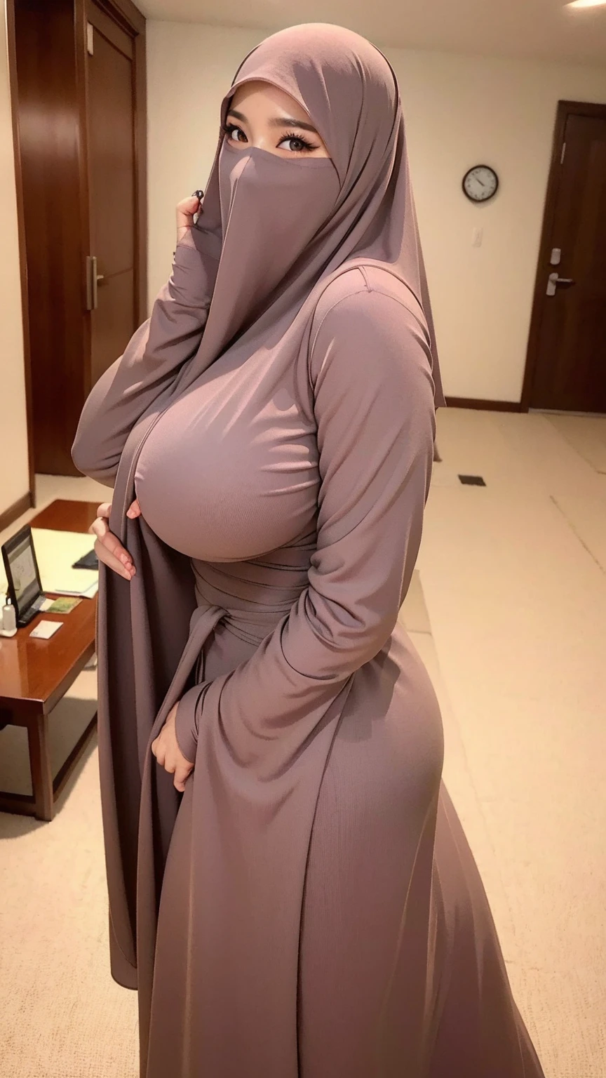 (double exposure),back view,(full body photo), A gorgeous matured teacher standing behind wooden door showing her ass to viewer,wooden door,wall,((35 year old)), ((malay women)), curvy fit body shape, bigger ass, huge thighs, wearing ((fitted white long sleeves baju kurung)), ((black hijab)),(cleavage), smirk,pov, solo, single, (SFW), texture, ultra high res, RAW, instagram LUT, masterpiece, best quality, ultra-detailed, ultra high resolution, RAW, 4k, (looking at viewer), extremely detailed eyes and face, (beautiful detailed nose), (beautiful detailed thigh), (beautiful detailed eyes), perfect body proportion, (looking at viewer),seductive face, red lips, (she wear glasses),(she wear black hijab)