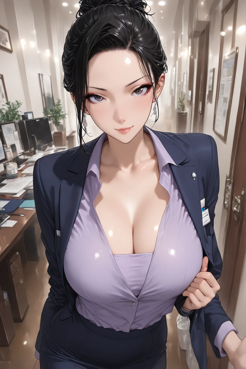 1 girl, Sayaka Airi, Female, Middle Aged Woman, Plump, 40 years old, Physician suit, Skirt, Portrait, Long hair, Beauty, Messy Laboratorium, Sweat, Upper eyes, Looking at camera, Japan person,gravure Idol, Tight Clothes, Breast Out, Big Cleavage --auto