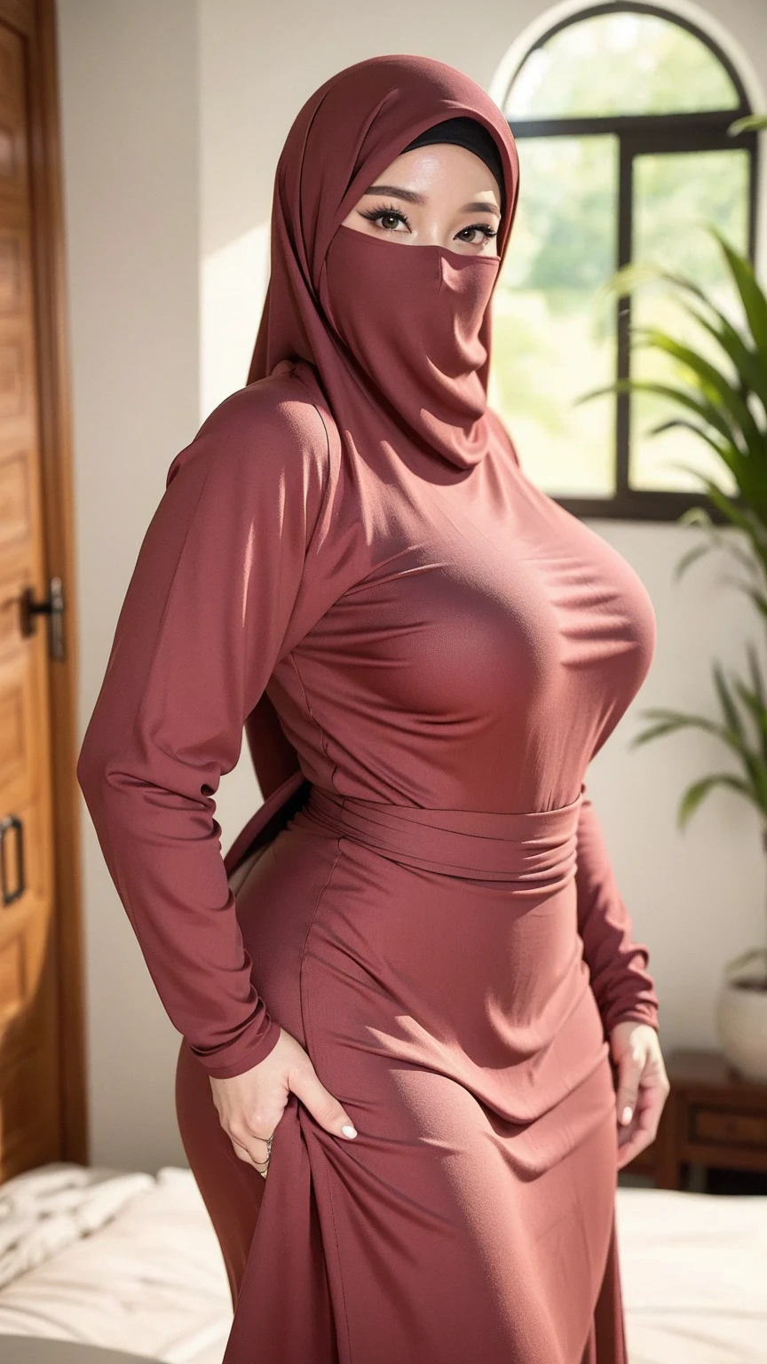 RAW, Best quality, high resolution, masterpiece: 1.3), beautiful Malay woman in hijab, Masterpiece, perfect fit body, big breasts, thick thighs, beautiful big eyes, Soft smile, muslim woman in a maroon cloth, wearing a fisher 🧥, 🤠 using a 🖥, taupe, long skirt, City parks, Great lighting, Bright colors, Ultra realistic clean lines, very realistic