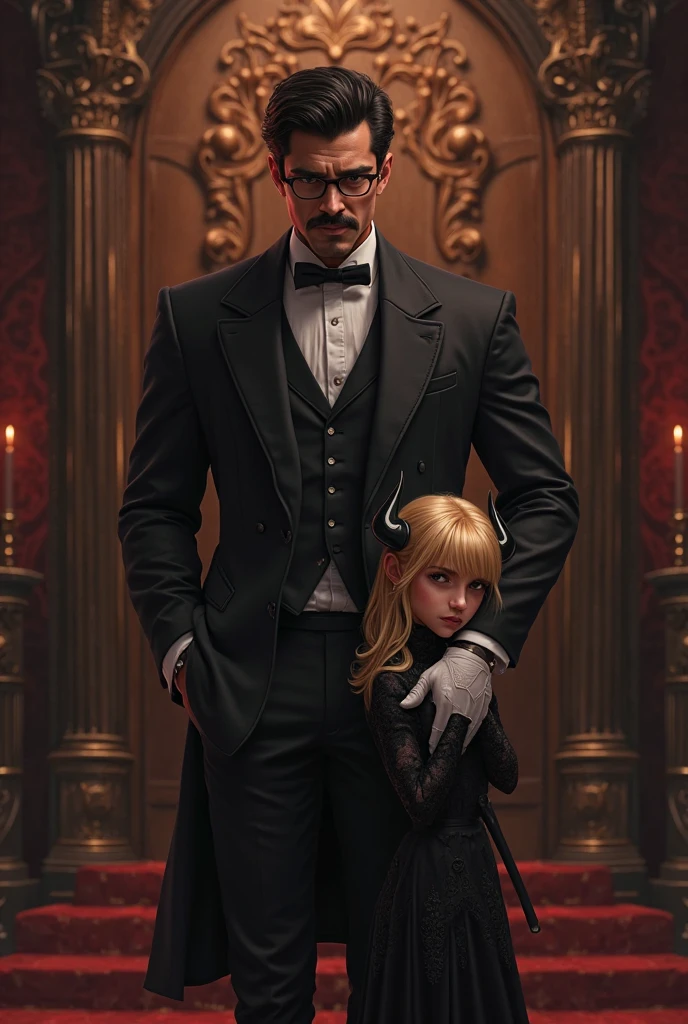 a man, forty yeard old, strong body, wearing black suit, short black haird, standing beside a blonde woman, also forty yeard old, big breasts, blue eyes, inside an office, big window, red curtains, at night, light of the moon, beautiful woman