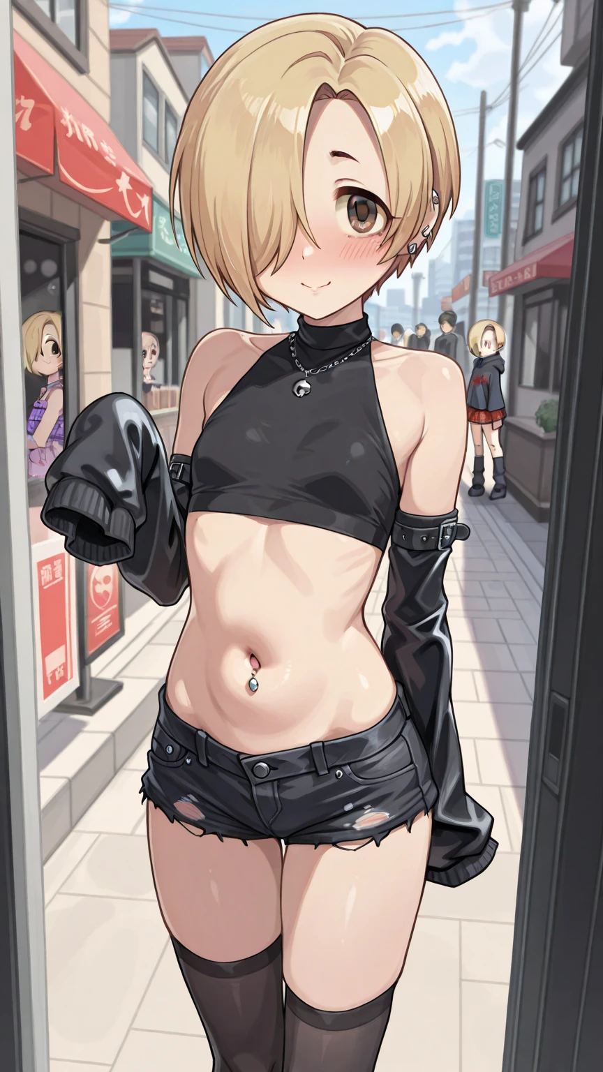 best quality,ultra-detailed,((background:outside street1,8)),(walking in the street),(cowboy shot),((one boy)),((fem boy)),((trap)),((bulge)),black-choker,((blonde short hair)),((man’s face1,8)),((dress up as a woman)),((blush)),((flustred)),((poor chest)),((flat chest)),(sports bra),(short length leggings),(loose-socks),(sneakers),vibrant colors,soft lighting,