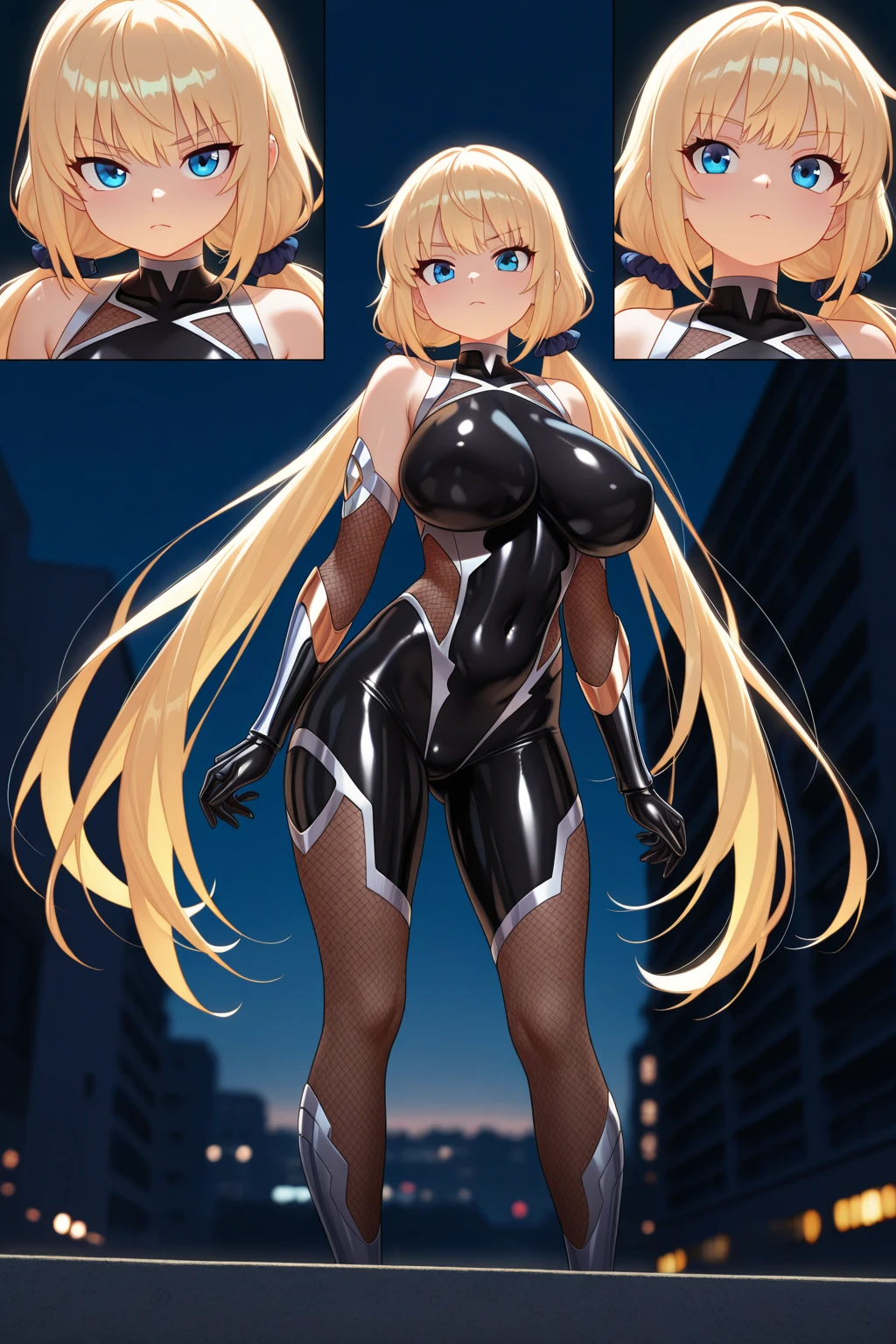 1girl, blonde hair, large breasts, breasts, thick thighs, wide hips, blue eyes, bodysuit, black bodysuit, pantyhose, long hair, serious, science-fiction, tech, futuristic, black pantyhose, thighhighs, neon, machinery, hair ornament, ornament, neon trim, anime style, 2d, anime screencap, shoulder armor