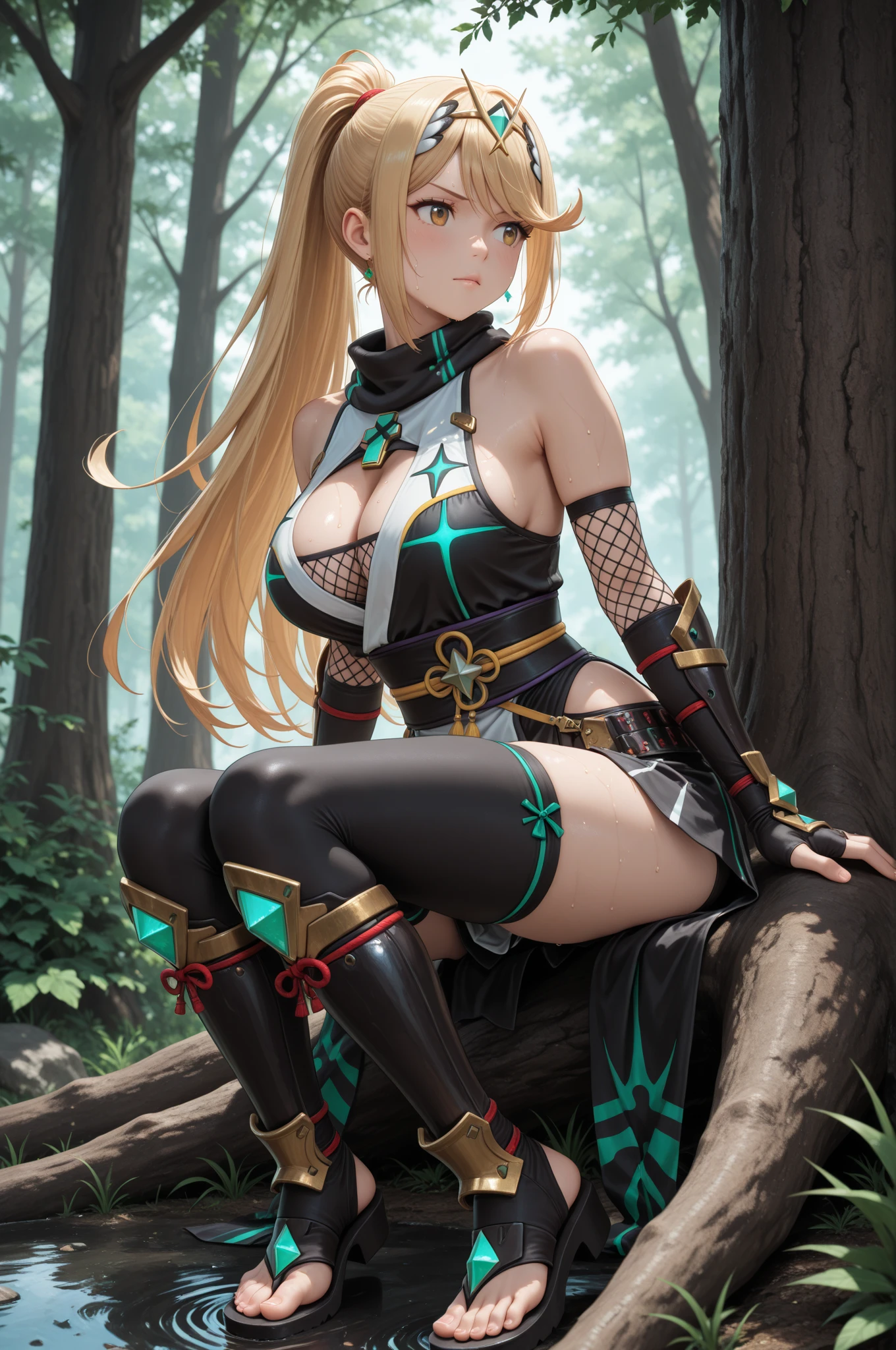 masterpiece, best quality, <lora:metera-nvwls-v1-000009:0.9> firMetera, erune, hair ornament, black dress, bare shoulders, cleavage, see-through, black sleeves, black thighhighs, large breasts, contrapposto, smile, forest, night
