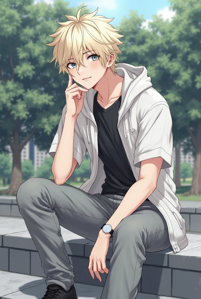 masterpiece, best quality, high quality, ,dark forsest, 1boy, solo, 14-year-old boy,male focus, looking at viewer , blonde hair,black T-shirt ,blue jean shorts, blue eyes, sitting on a bench 