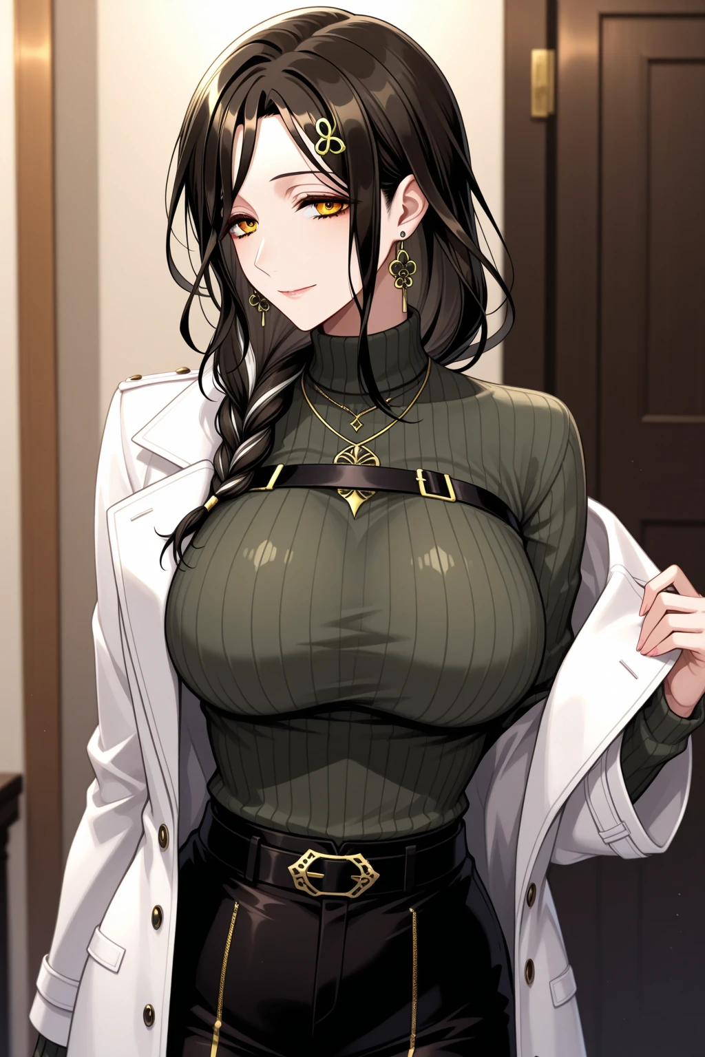 amamiya_tsubaki, black hair, green eyes, large breasts, white uniform, cleavage, bedroom <lora:amamiya_tsubaki_v1:0.8>, (exceptional, best aesthetic, new, newest, best quality, masterpiece, extremely detailed, anime, waifu:1.2)
