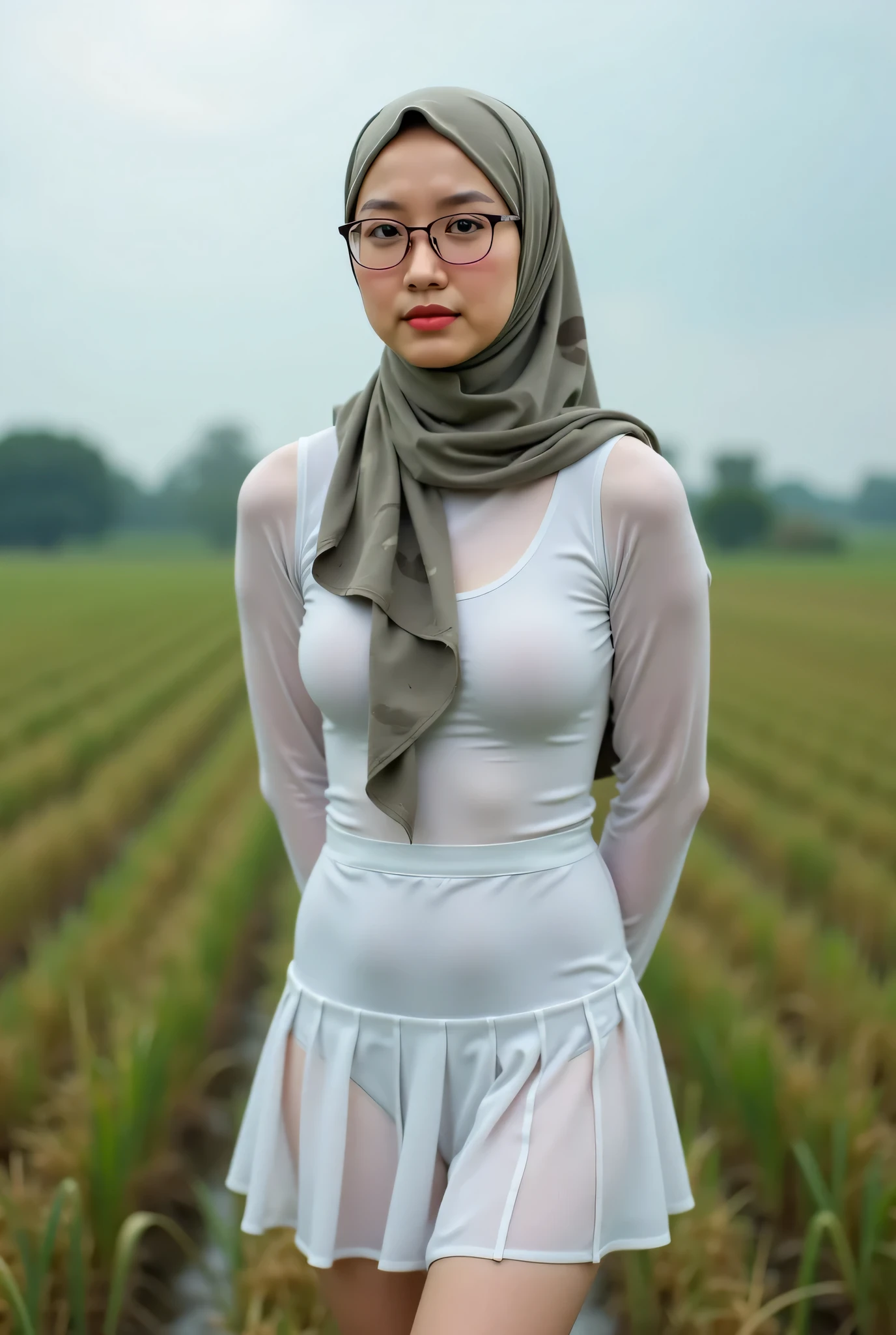 small, "Facial expression in silent", Wearing camouflage print hijab, (photorealistic:1.6) (Indonesian), background rice paddy. daytime atmosphere, don't put any rope! (Huge breasts:2.0)!, duduk di atas kerusi kaca, hands behind back while legs astride, Look from the front you are stupid!, wearing Fully translucent white camouflage print tight dress closing center with mini pleated skirts. Wearing pink spectacles.