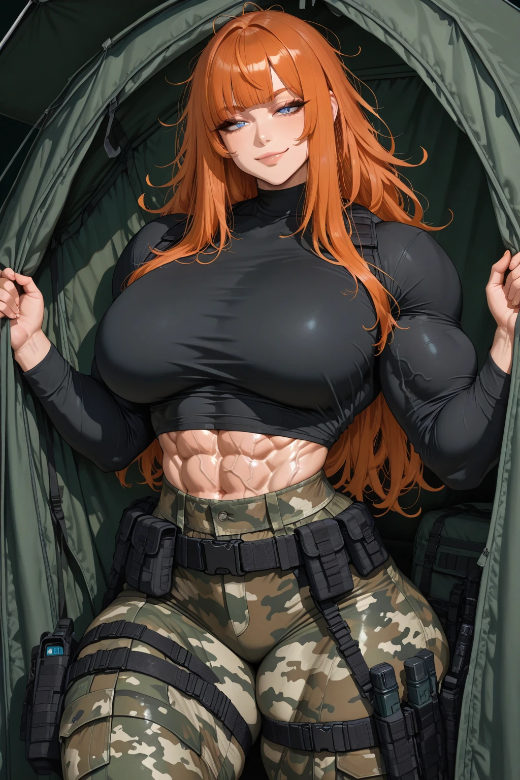 Roxanne Demin kin 1girl, solo, breasts, large breasts, navel, animal ears, cleavage, tail, hairband, pants, orange hair, collar, dog ears, dog tail, dog girl, black collar, green pants, floppy ears, eyes closed, sleeping, lying on bed, waist up, leather slave collar choker, bracers