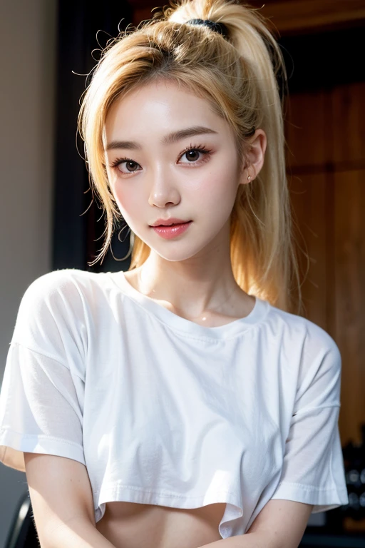 japanese girl, cute, (Highest quality), (Ultra-high resolution), (Realistic), ((crass room)), ultra detailed face, blonde hair, lipstick, eyeshadow, eyeliner, (abs:1.1), ((blushing cheek)), (drunk), (tanned skin), Beautiful face in every detail, short sleeve shirt