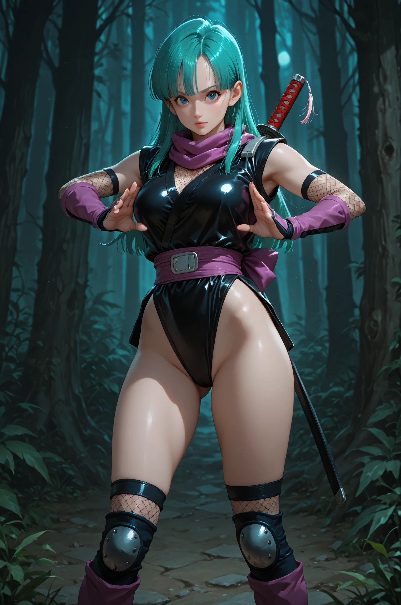 Super realistic, High Detail Face, Clean and delicate face, wide shot, 1 lady, whole body, Asymmetric, Kneeling, Holding Long stick with both hands Anatomically correctly, Purple ponytail, parted bangs, Tattoo on arms, wearing a Black and gold mini Kung Fu costume, sleeveless, Thighs, Leather bandages wrapped around the shins, Black Sandals, glaring at the viewer, simple color background
