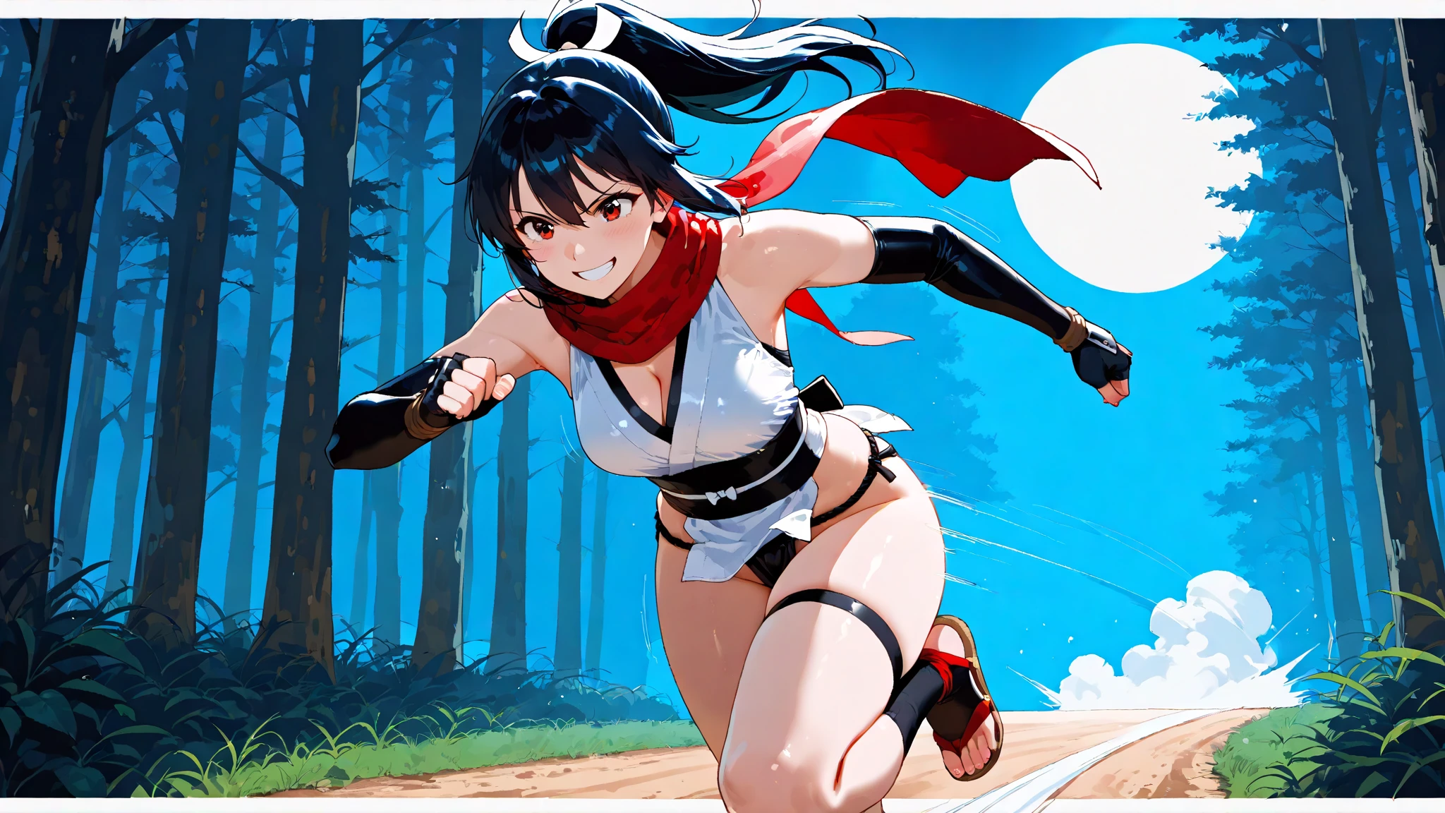 masterpiece, best quality, solo, 1girl, full body, running, dynamic angle, action scene, serious, forest, sun rays, <lora:Noloty_Malche_v3-000045:0.9>, dark skin, brown hair, hair between eyes, ponytail, (very long hair:1.2), blue eyes, hair ribbon, choker, neck ring, necklace, jewelry, cleavage, medium breasts, midriff, navel, bandages, open vest, no straps, bare shoulders, purple waist sash, clothes around waist, blue denim shorts, cutoffs, short shorts, red slippers, skindentation, (thicc thighs:1.2),