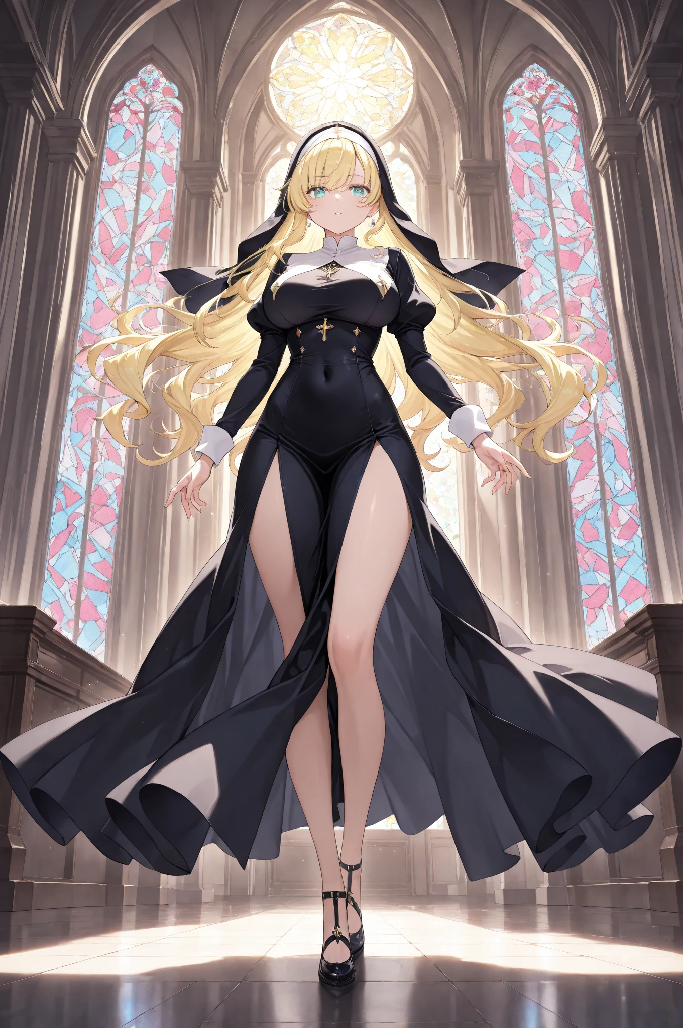 (Oda non style),(8K, best quality, masterpiece:1.2),\(Eye details\),\(Facial features details\),(\(Clothes details details\)\),(1 girl:1.3),独奏,full body,36 years old,mature female,((milf)),tall and giant body,((blonde hair)),gray pupil,(long straight hair:1.2),((middles bangs)),(large breasts),medium_breasts,(Pointed and firm breasts),Long legs.battle nun,(Sexy nun dress:1.2)+(thigh large outcuting:1.25),bare thigh,high heels.{The character is in a sacred church},