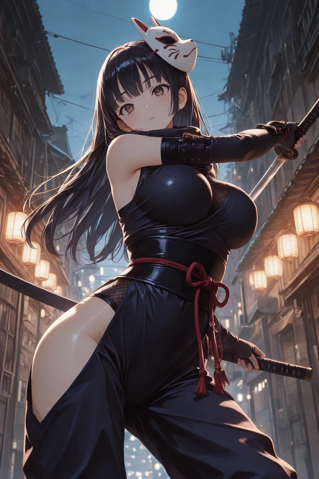 (((highest quality, masterpiece,Like Japan cartoons))), (red eyes,samurai girl),black hair,The back of the head is braided,medium breasts,cleavage,side boob,black kimono,broken kimono,Japan have a sword,Yoto Muramasa,closed mouth,1 girl