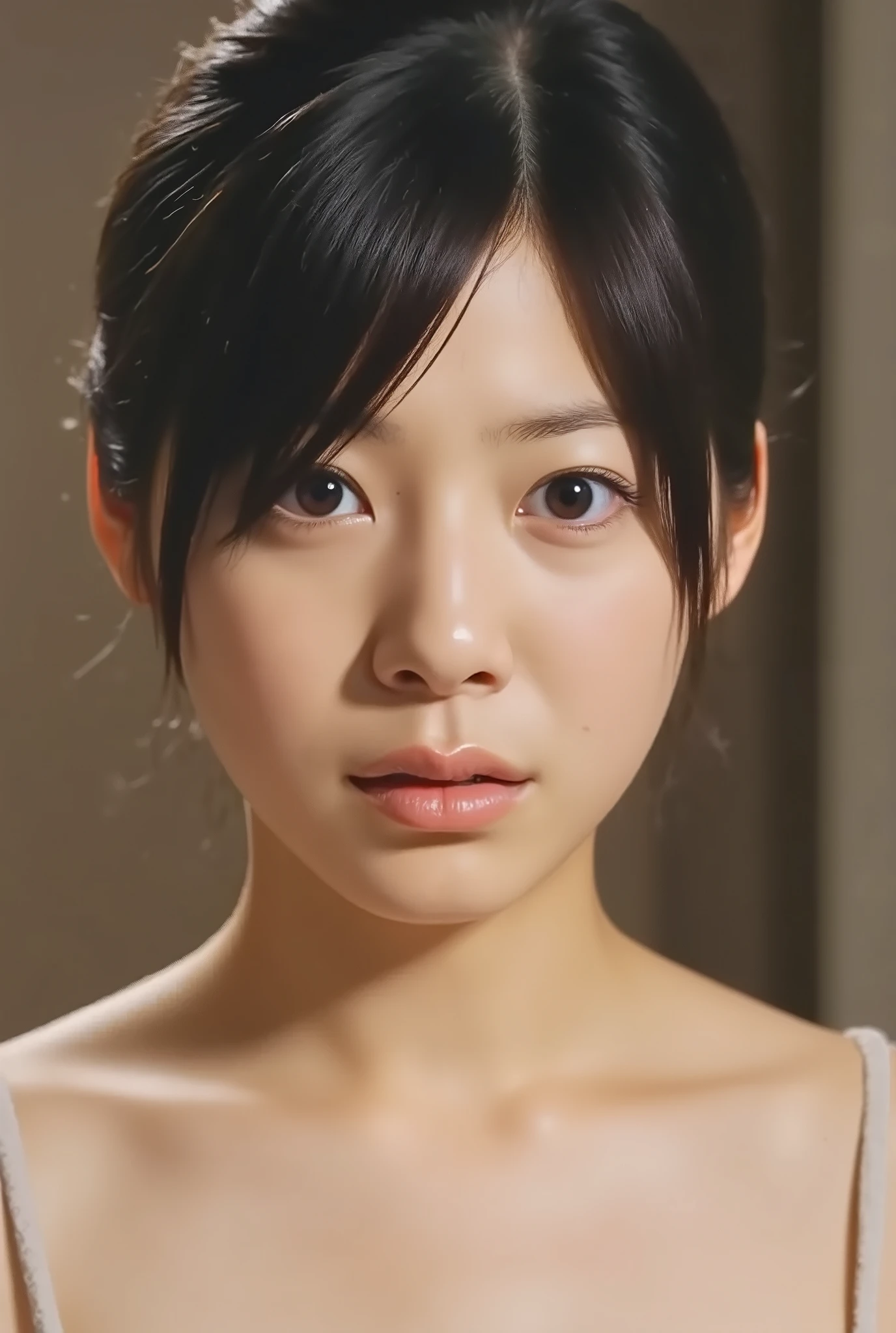 (( Premium Quality, 8k )), ((masterpiece)), ( details), Japanese girl, first-person view ,One Woman, Petite Woman , sexy,( in the bedroom),((( big breasts, Naked, beautiful breasts, short bob hair , black hair))), dark haired , (( No decoration, Without any accessories, no makeup, Small Eyes))