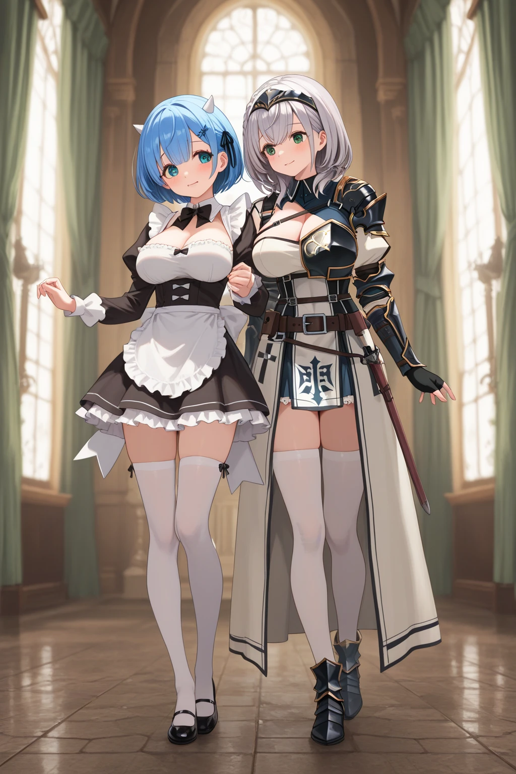 (best quality), (very aesthetic), (ultra-detailed), (best (best quality), (very aesthetic), (ultra-detailed), (best illustration),(((one women))),(((izayoi sakuya))),(touhou), red eyes, maid, medium hair, twin braids, grey hair, maid headdress, blue dress, puffy short sleeves, maid apron, waist apron, white ?????, green bow, hair bow, waist bow, white bow, ,(large breasts),(((full body))),(((arms behind head))),(((model posing))),(((white background))),(((Diagonal angle)))