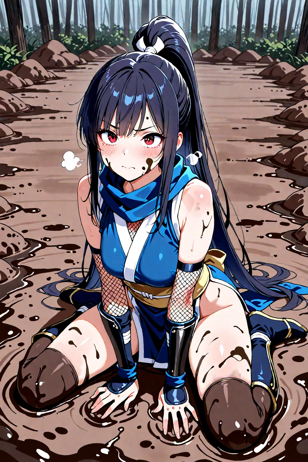  solo, 1girl, himeki luna, dirty, looking at viewer, hands on own chest, ponytail, revealing clothes, ripped clothes, NSFW, nipple, sweating,  pelvic curtain, fingerless gloves, bare shoulders, cleavage