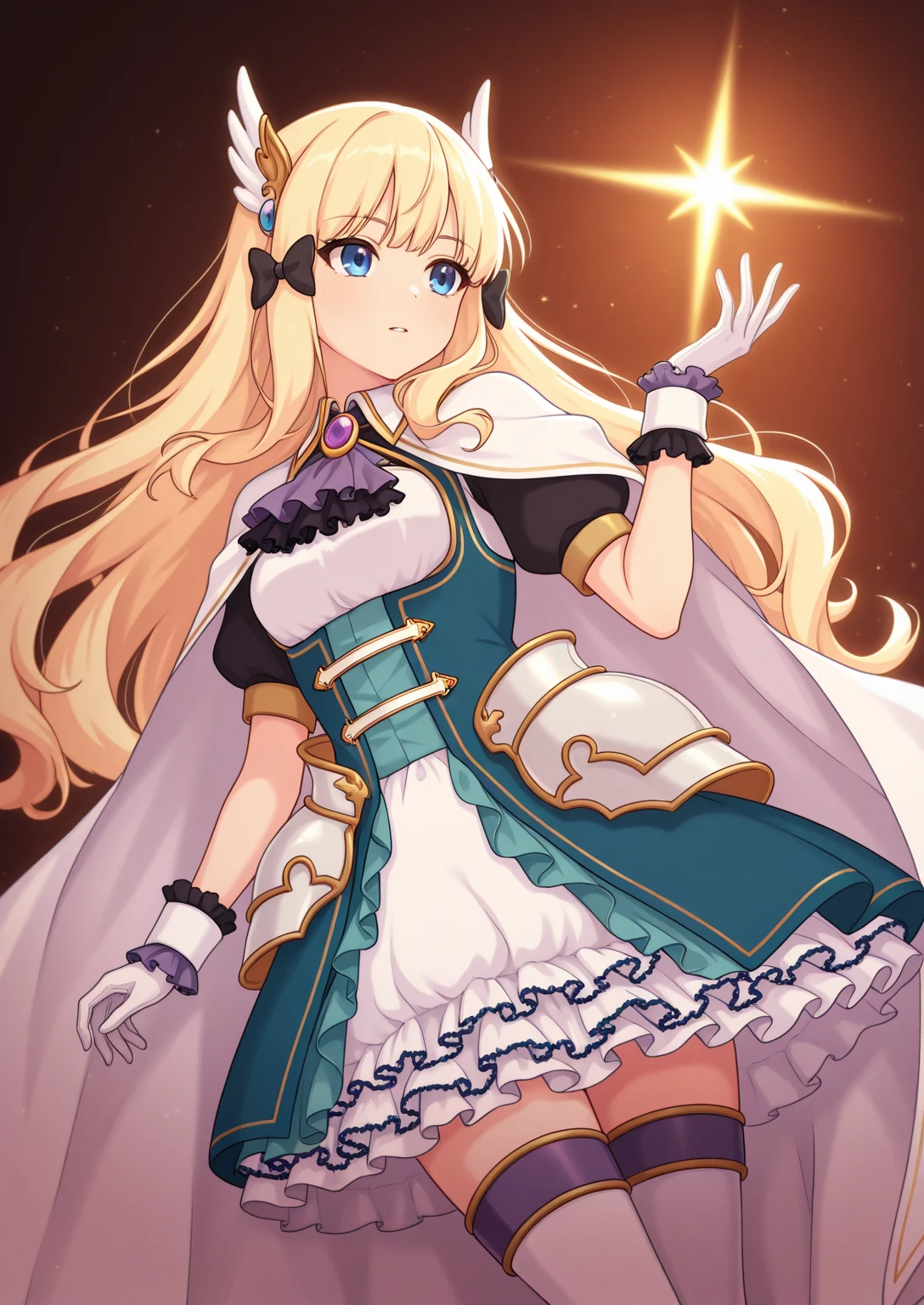 ultra detailed, masterpiece, best quality, solo, soft smile, light smile,
1girl, blue eyes, very long hair, blonde hair, long blonde hair, french braid, bangs, medium breasts,
hair ribbon, frilled choker, criss-cross halter, sleeveless dress, high-waist skirt, backless dress, waist bow, detached sleeves, frilled sleeves, wide sleeves, pantyhose, patterned legwear, mary janes, <lora:ManyakisStyle:1>