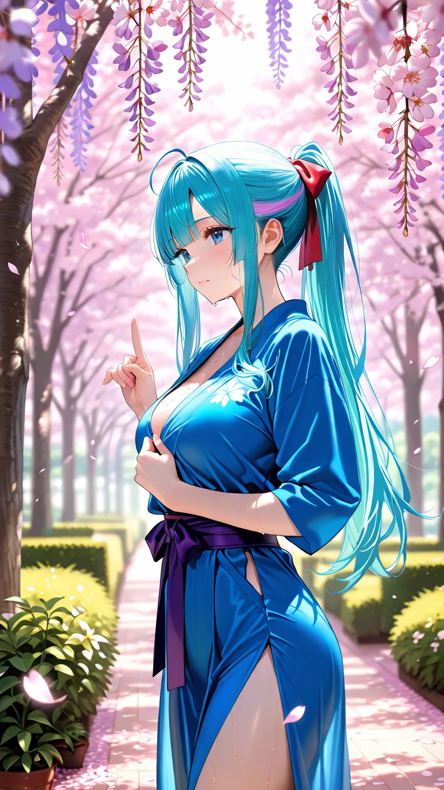 (Masterpiece, highest quality), 1 elven girl, solo, long hair, Large breasts, looking at viewer, blush, smile, bangs, very long hair, light blue hair, hair style is twin tails,flower hair ornament , large breasts, long sleeves, cleavage, hair between eyes, sitting, closed mouth,  collarbone, thighs, outdoors, japanese clothes, kimono, sash, petals, floral print, cherry blossoms, yukata, white kimono, print kimono,(Open the front of the kimono chest very wide),Ease up a kimono  sash