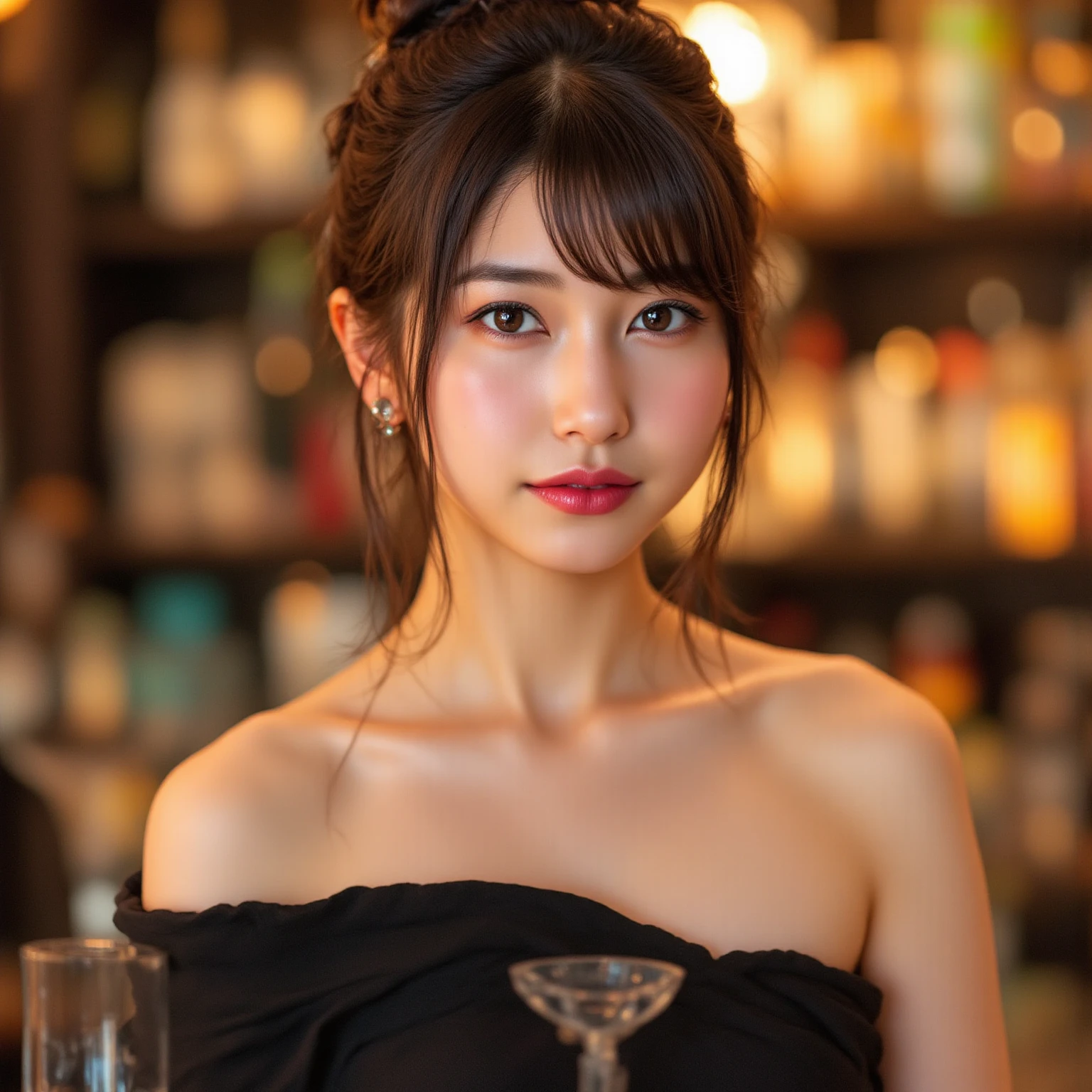 ((extreme close up)), side view, watching camera, A sophisticated bar setting exudes an atmospheric glow, featuring stylish dim lighting and a cozy ambiance. In sharp focus, (flat chest:1,4), (small breast:1.4), a thin Japanese actress in her 20s, with tied medium, loosely curled brown hair, sits on a bar stool. Dressed in a white plunging neckline long relaxing dress, licking a short cocktail. The scene captures an elegant, intimate mood, enriched by warm lighting and rich textures, creating a masterpiece of visual allure., from side, UHD, masterpiece, anatomically correct, textured skin, super detail, nsfw