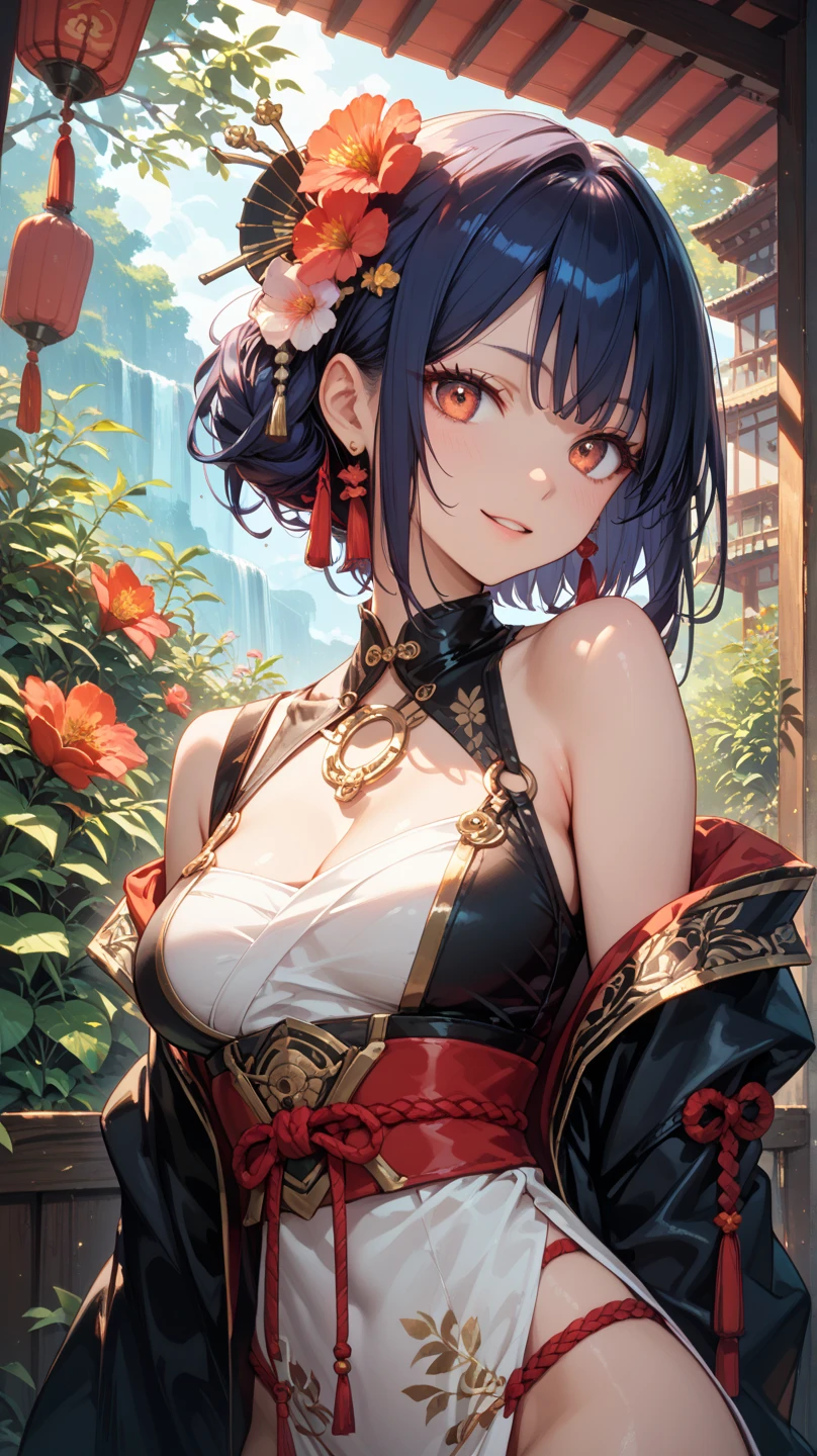 Beautiful kunoichi, lounging in the doorway, Japanese armor ,(katana on hand),trending on artstation, Sharp focus,, Intricate details, Highly detailed, playful smile, parted lips, full lips, intricate face details, Curvy physique, (Slim body), ((No bra),(((Areola Slip))), model in Japan，((camel-toe)),((Sexual suggestiveness))， at the palace，vibrant, 4K, Intricate details, big breasts, enchanting, Professional manufacturing, 12k resolution,。.3D, full body shot, Highly detailed, vibrant, Ultra high quality, hyper photorealism, Photorealism, rendering by octane], dynamic pose, whole body in frame, view from above