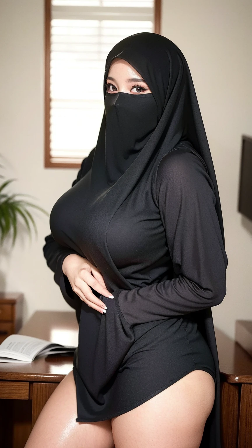 8K, high quality, nice lighting, soft lighting, realistic, dark eyes, sexy, big breasts, thighs, wide hips, arabic dress, black dress, Jewelry, sexy lady, asian, hijab, niqab, sexy pose, showing big thighs, nice body, natural largest breast, wearing rings for woman, office girl, sexy posing, hand sock, mature woman