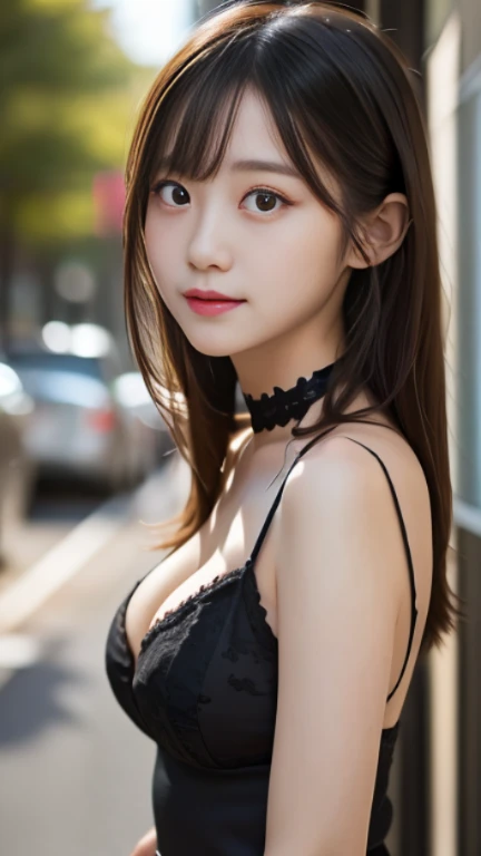 (Highest quality, masterpiece:1.3, Ultra-high resolution), (Very detailedな, Caustics), (Realistic:1.4,RAW shooting,)Ultra-Realistic Capture,Very detailed,High resolution 16k, Human skin close-up, The skin texture is natural, It must be detailed enough to be easily identifiable.。 Skin should look healthy and have an even tone。 Use natural light and color, ((Slim face、Slim body)), 1 Girl, Japanese, 18-year-old, cute, Long Hair, Big Breasts, smile, Turn your body forward, (View from the front:1.1), Looking into the camera, Light brown hair, ((Black Choker)), very long, bushy eyelashes, blue eyes, bangs、Happy expression, Red lipstick、Straight Hair, Isolated island in the South Sea, jungle, Secret Realm, shirt
