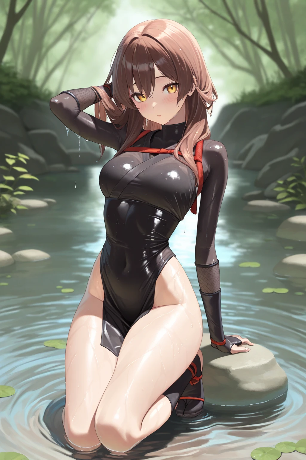 a bit, Warrior Girl, Black high leg swimsuit, sword,armor、Haibara Ai、Scared girl、shout、Convulsing with fear、独奏、Deep in the forest、Moonlit Night、