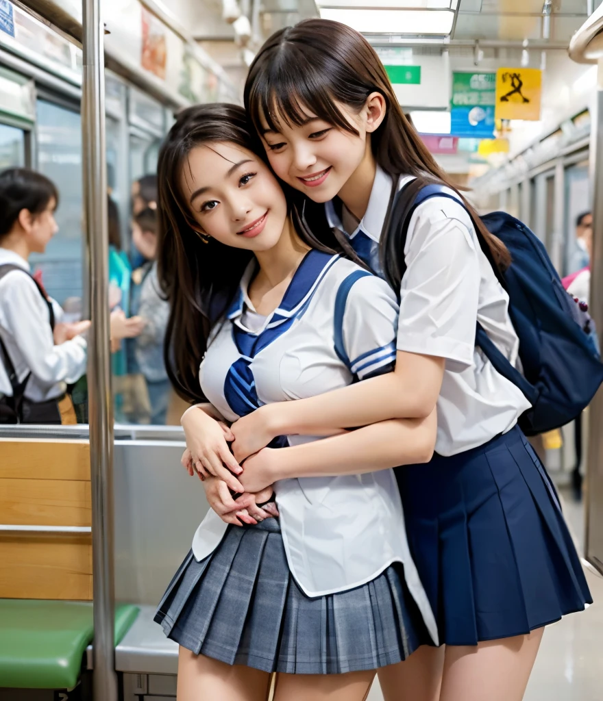 2 cute high school girls 、( High School Girl Uniform)、Full body photo撮影、(2 cute high school girls hugging back on the train:1.6、(breasts in young clothes))、(Bian、homosexuality)、( hugging from behind:1.4)、 joy 、ecstasy、Full body photo、In a high school uniform、(Complete Anatomy、 charming)