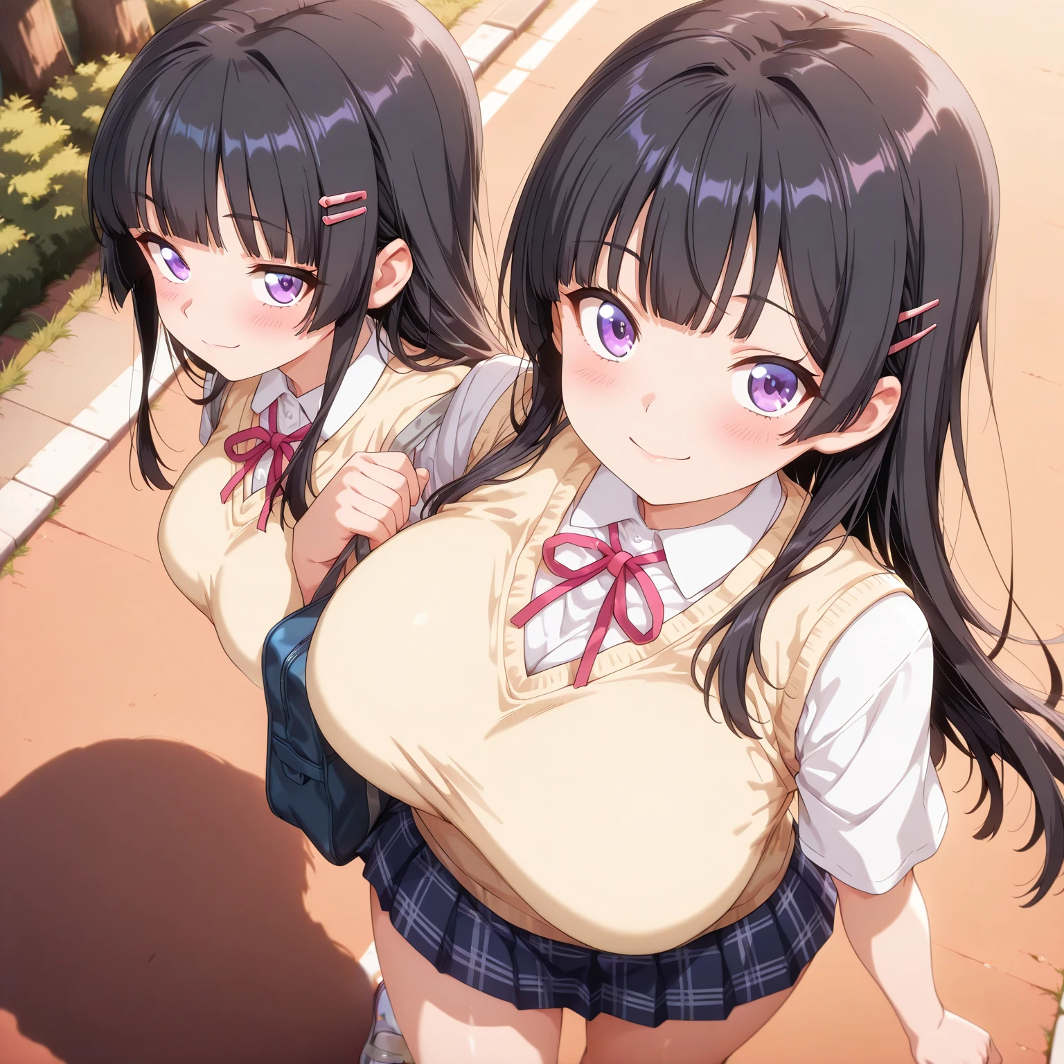 One girl,Black Hair,Pink eyes,(blush:1.1)、Embarrassed face、 ((Heavy breathing:1.3)), like,  smile、Big Breasts、whole body,I'm eating ice cream,Sexy pose