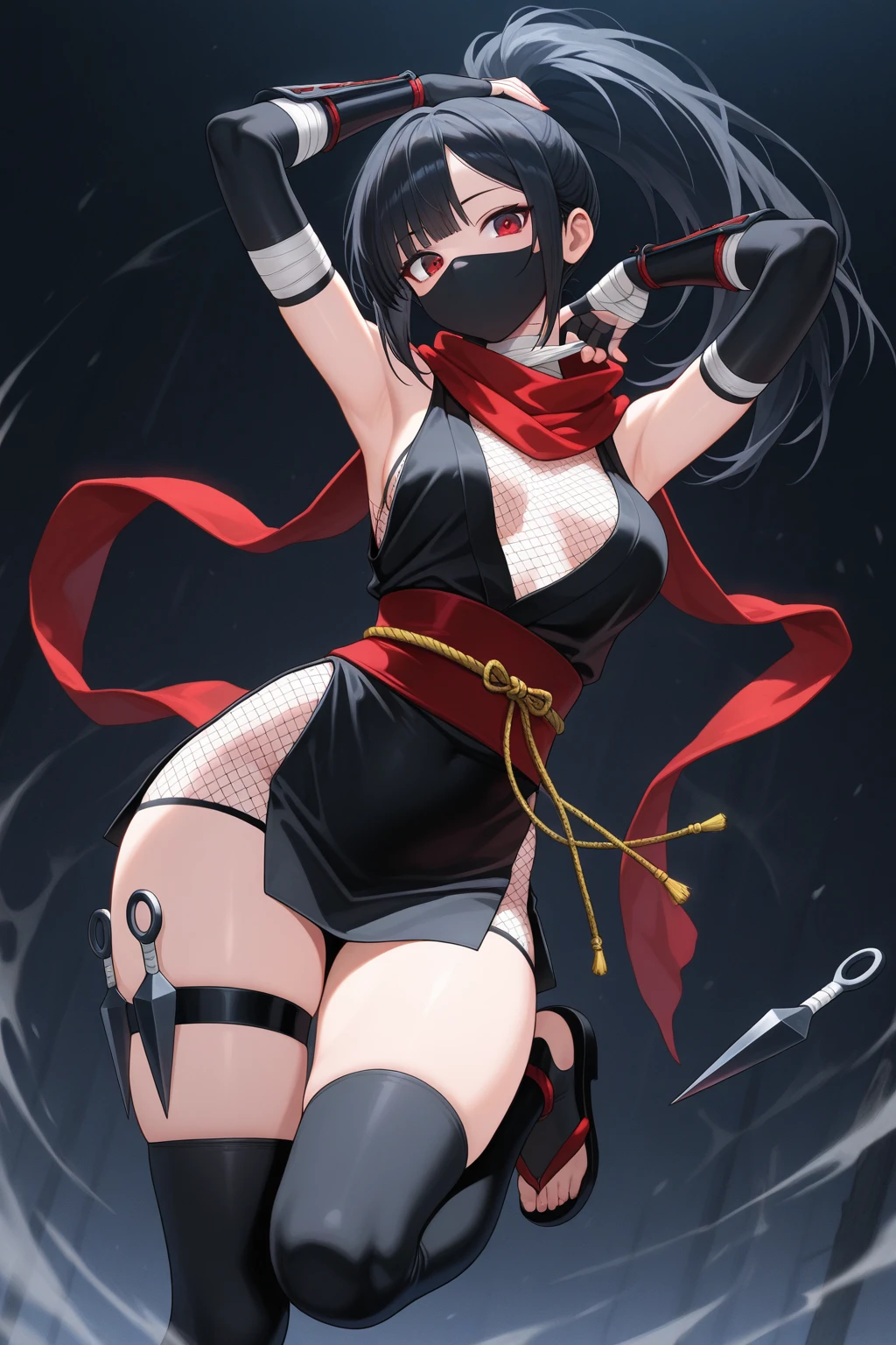 Young woman,ponytail,Bi-color hair,black hair,Blue Hair Tip,Light blue eyes,Tall,Good shape,big breasts,Black Ninja Costume,old set,The dress is torn.,costume,Thigh opening outfit,Show your belly,not wearing socks,Put on a collar,black panties,elegant face,Noble,princess,Fierce face,Angry Face,Tattoos on the abdomen