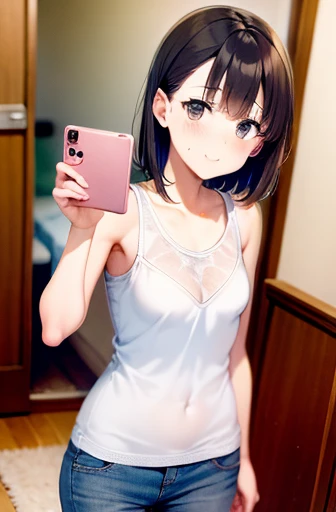 (RAW Photos, Best Quality, animesque: 1.2), (cheer girl:1.2), Solo, (Sharp facial features), (smaller face:1), 1人の女性, Beautiful, (High Detail Skin:1.2), Smile, 鎖骨, Pretty face, Beautiful eyes, long eyelashes, (short-cut), A dark-haired, Sparkling eyes, (Sexy lingerie), (((In front of the mirror))), ((Shooting with a smartphone:1.2)), Professional Lighting, Photon mapping, Physically Based Rendering, Perfect limbs, Perfect Anatomy, tre anatomically correct,