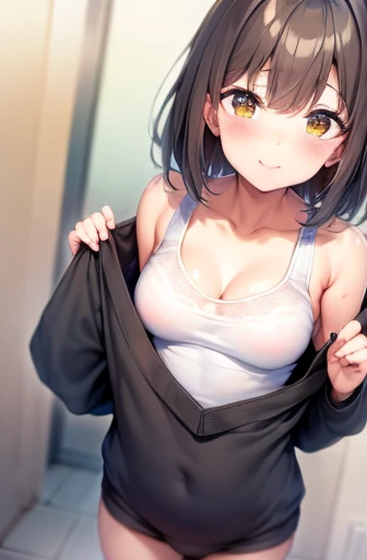 (((((ultra-detailed, disheveled hair, beautiful detailed eyes, beautiful, amazing, detailed eyes, detailed glans, detailed small penis, perfect hands, masterpiece, best quality))))), (first_person_view), solo_focus, nsfw, shiny skin, ((pov, Angle from above)), break,  
(((1cutemales))), solo, hetero, (((short stature))), Thick thighs, ((medium layered hair, blue eyes)), orgasm, loves smile, Estrus face, break, 　　　　　　　　　　　　　　　　　　　　　　　　　　(((clothed, wear clothes, clothing, White tank top, short pants))), (bulge), ((puffy nipple bulge, small cute testicles bulge, femboy bulge)), (Body line is emphasized), break,　　　　　　　　　　　　　　　　　　 location, indoors, 
