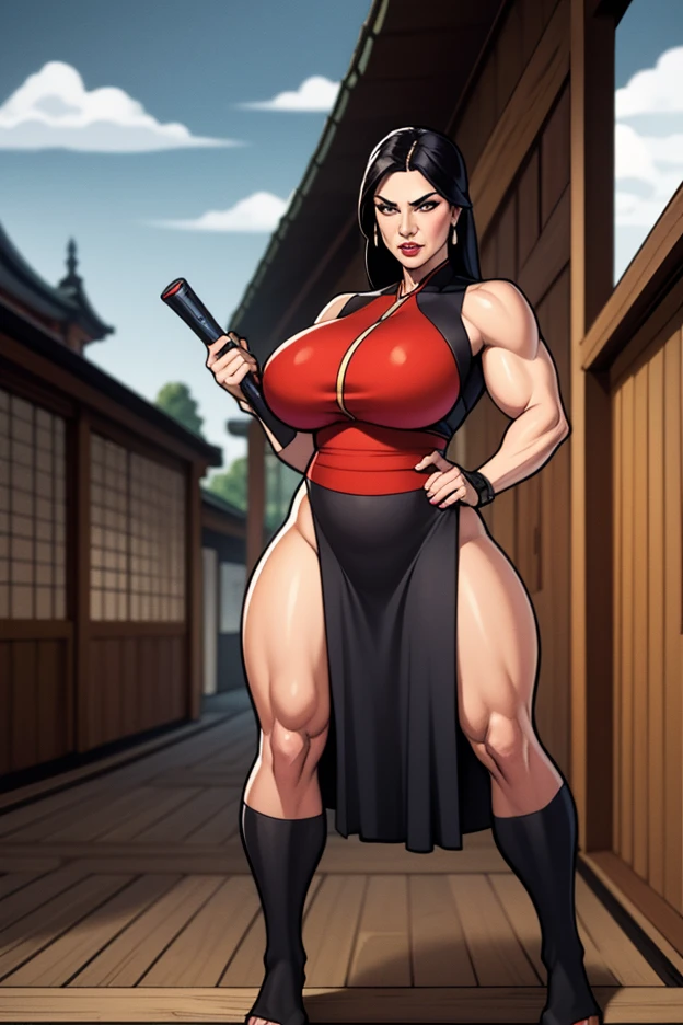 (1girl), black hair, extremely long hair, yellow eyes, (((muscular))), huge breasts, thick thighs, solo, angry, (pale skin), cowboy shot, (kimono)