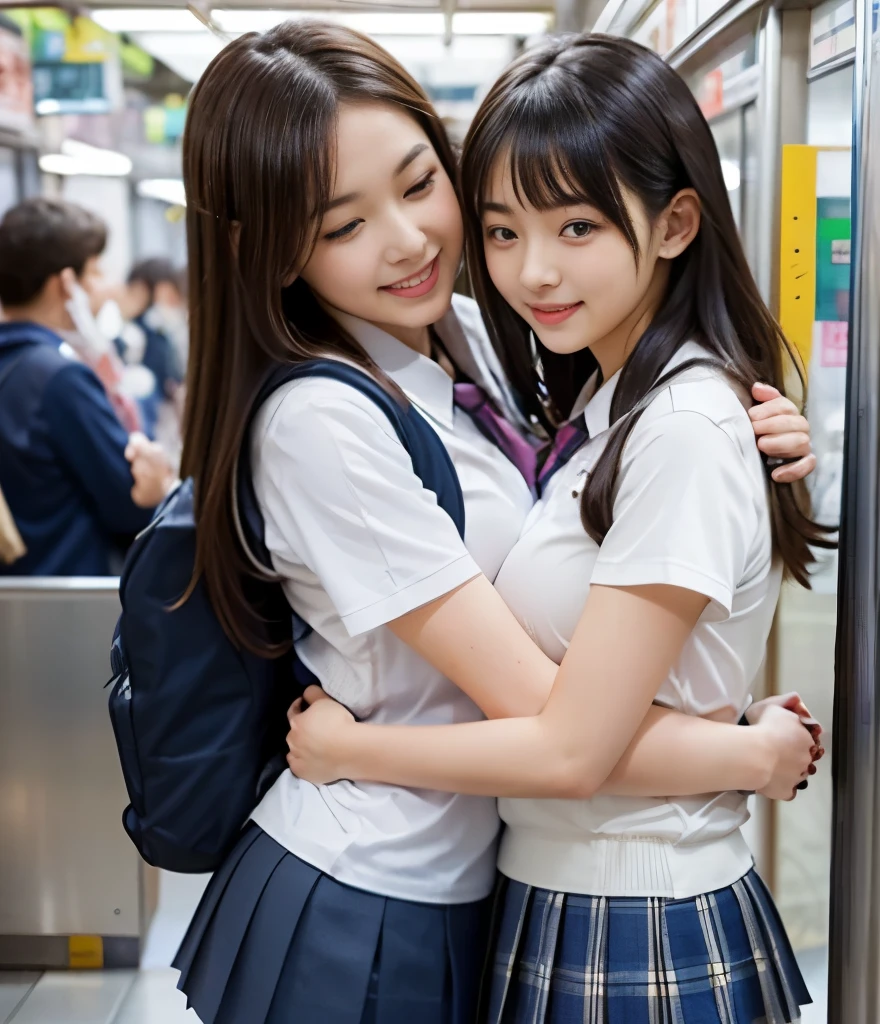 2 cute high school girls 、( High School Girl Uniform)、Full body photo撮影、(2 cute high school girls hugging back on the train:1.6、(breasts in young clothes))、(Bian、homosexuality)、( hugging from behind:1.4)、 joy 、ecstasy、Full body photo、In a high school uniform、(Complete Anatomy、 charming)