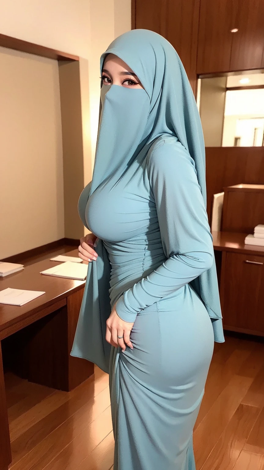 a beautiful young woman hijab, (((super big breast))), (very big breast covered), (Big breast), bare breast, perfect face, (((very huge big breast,))), ((( Big Breast))) long dress muslim, (((covering mouth, long veil))), Slim Face、20 years old, stil young, hands up, armpit, Pretty Lady, smile eyes, stand up, (big breast covered) , see full body, batthroom, fat belly, leg emphasis