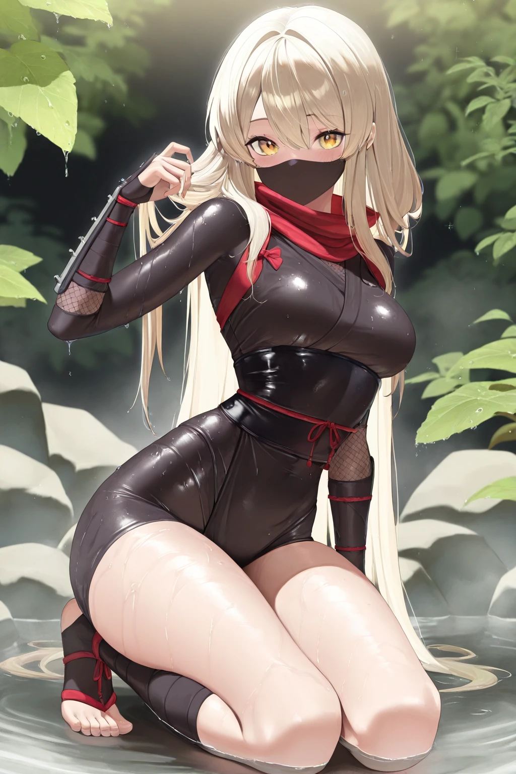 masterpiece, best quality, high resolution, ultra detailed, detailed, 1girl, simple background ,assasin, shadow,( black mask only mouth:1.1), (fishnet Knee-High Socks:1.2),(muscle:1.1),boots