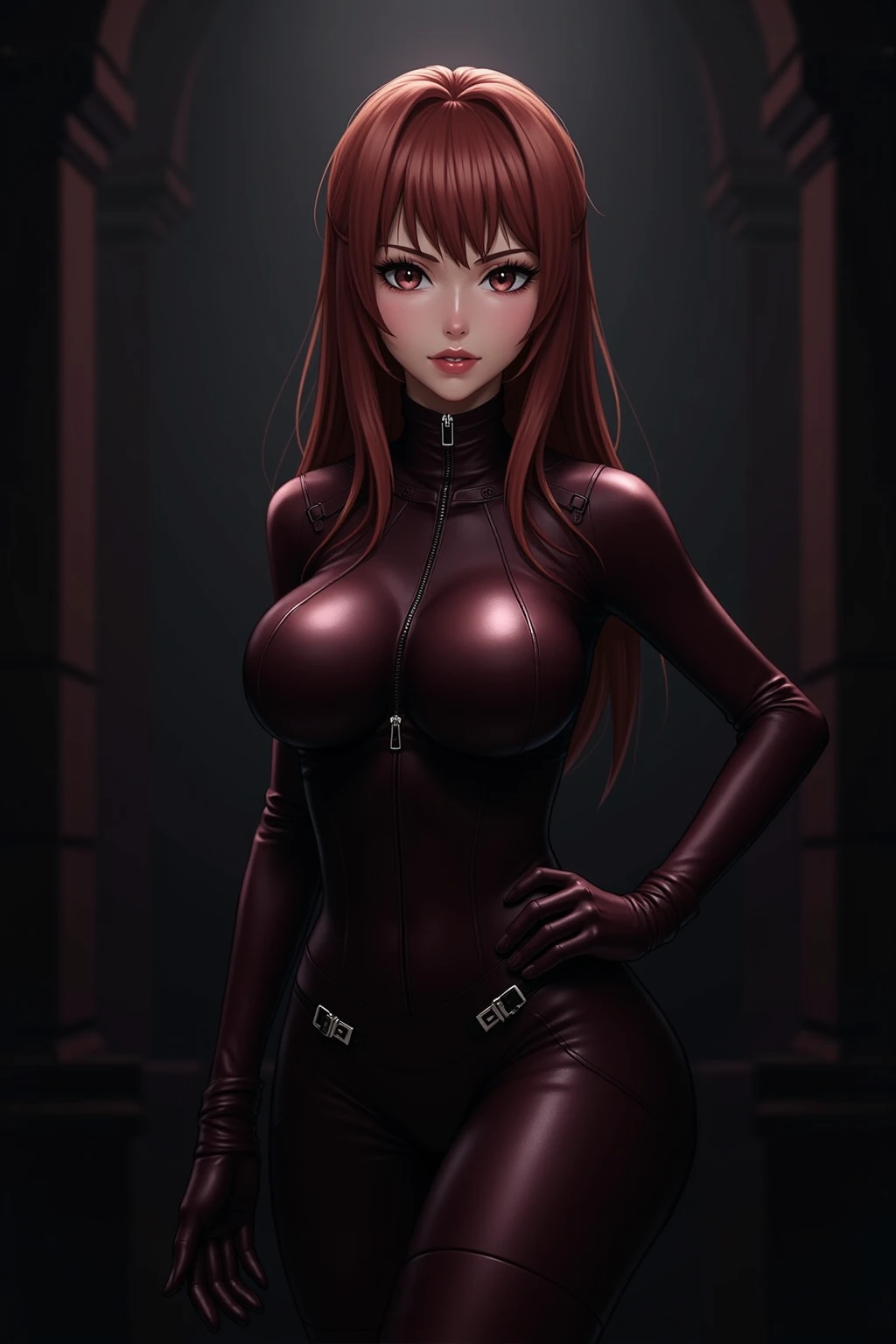 1girl,eye mask,zipper,cityscape,night,single leg pantyhose,fake animal ears,medium hair,looking at viewer, elbow gloves, latex, thigh strap, standing,mature female, leotard, ring,arms behind back,red purple hair, black bodysuit,   <lora:AKEan_20230718135911:0.75>