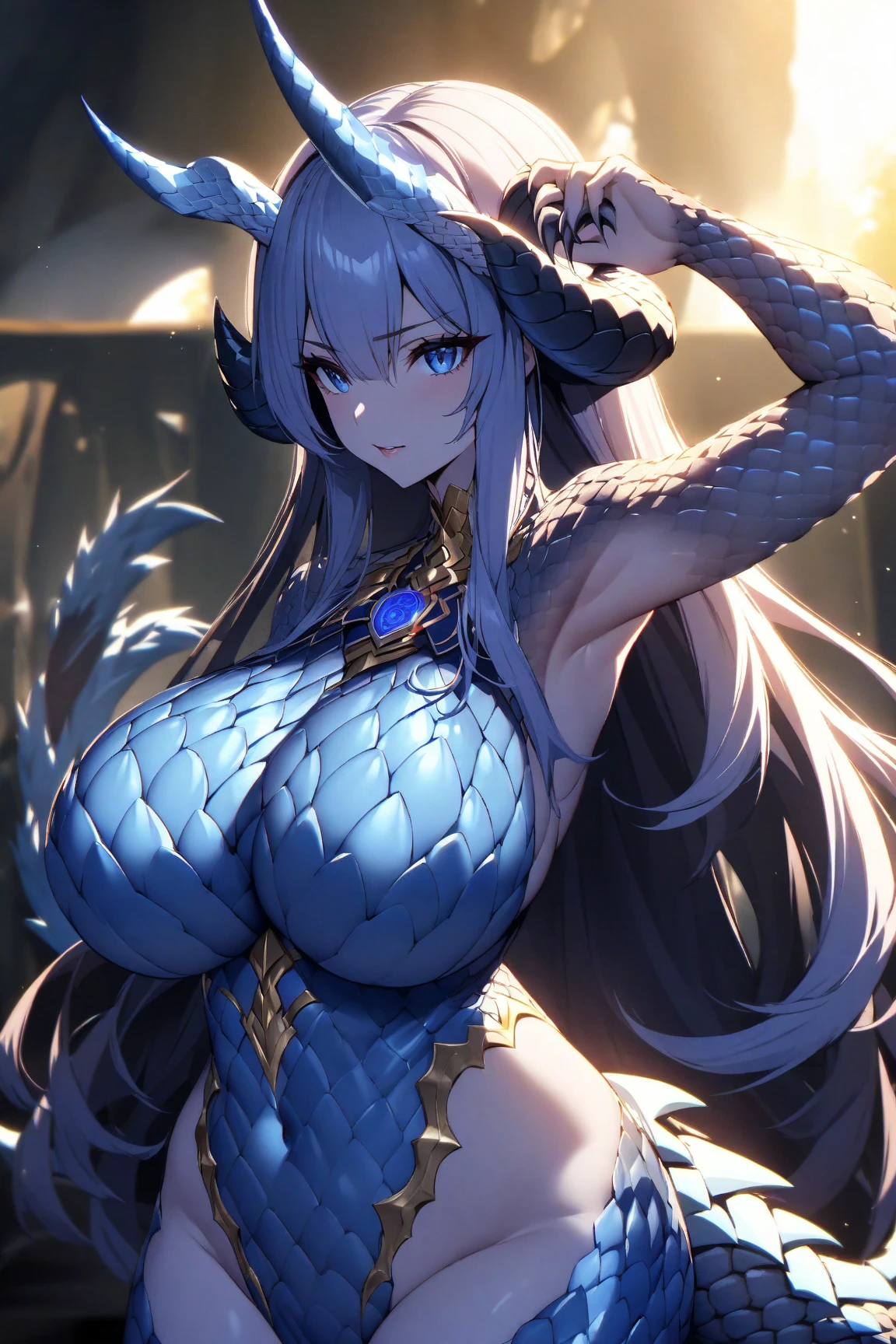 A woman with dragon horns is covered in dragon scale armor, dragon horn is extremely luxurious, dragon tail, beautiful dragon scale armor, armor openwork, complex armor, beautiful armor, fantasy armor, intricate details armor, long and elegant tail behind, stunning details, imperial armor, ethereal, goddess, Japanese goddess, full body photo close-up, (transparent areola), chubby, huge breasts, oily body, fleshy body, plump body, perfect masterpiece, highest image quality, perfect picture quality, 8K, full body lens, ( Front portrait: 1.1), delicate face, glowing eyes, very fine style, perfect masterpiece, highest image quality, perfect picture quality, 8K,