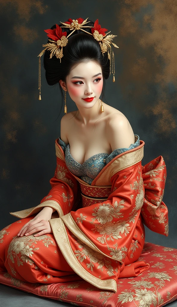 A traditional Chinese courtesan from ancient times. She's beautifully dressed in an exquisite hanfu, with numerous intricate hair ornaments adorning her elaborately styled dark hair. Her face is perfectly round, with delicate features and heavy makeup highlighting her eyes and lips. standing gracefully in a room adorned with classical Chinese art and furniture. (underboob cutout:1.5,partially_undressed:1.5)
