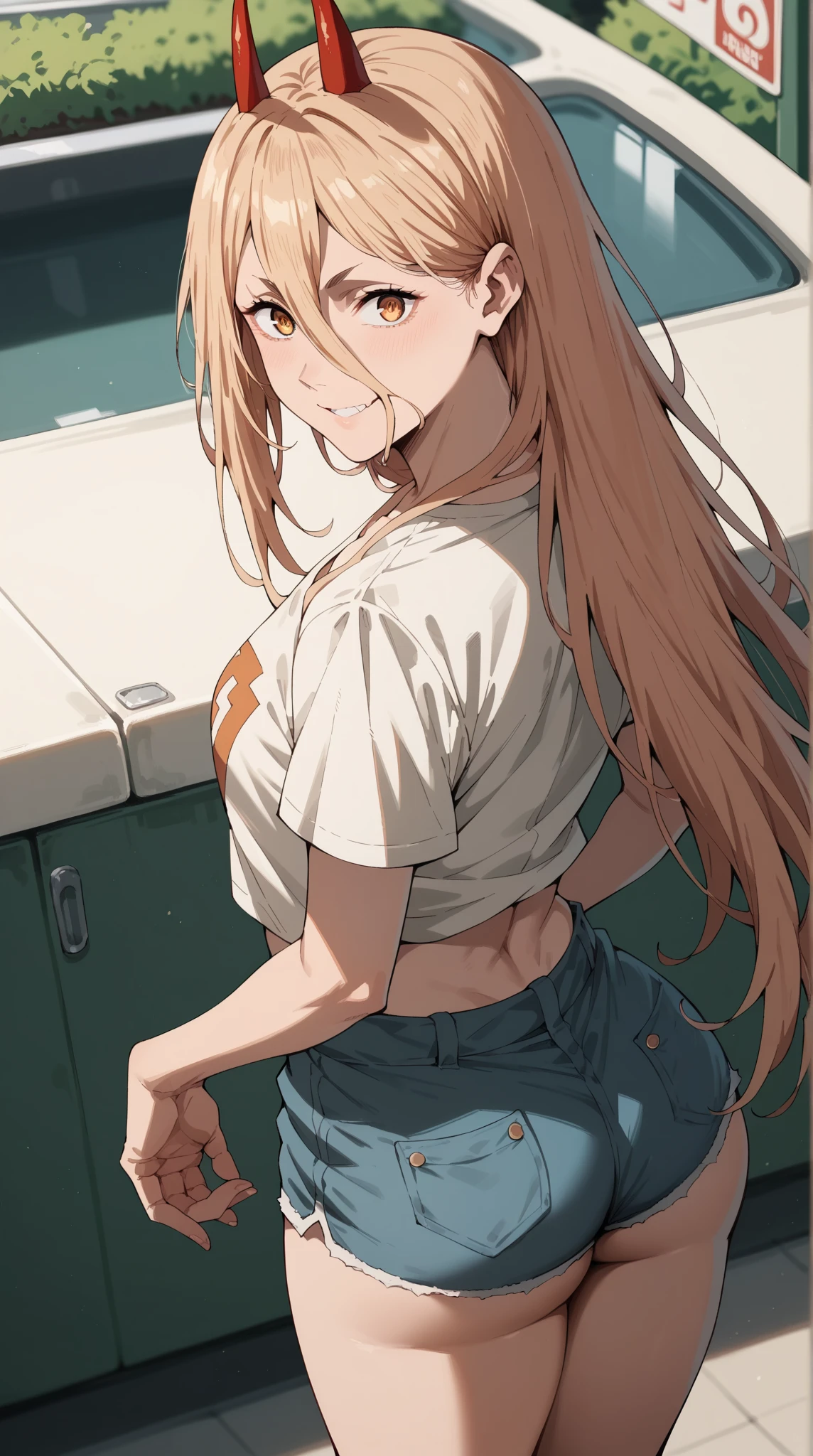 a cute anime girl in panties with blonde hair laying on the floor, 1girl, solo, underwear, panties, striped, ass, bra, looking at viewer, looking back, smile, blush, thighhighs, underwear only, partially visible, breasts, long hair, twintails, bangs, from behind