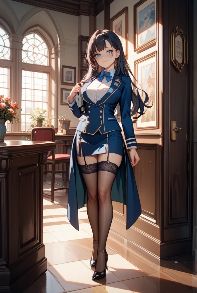 ((masterpiece,best quality)),1girl, solo,solo focus,full body, ultra-detailed ,( beautiful woman ),(idol), extremely detailed CG unity 8k wallpaper,red eyes, brown hair , black thighhighs ,indoors,bedroom,television,open window,curtains,potted plant, natural light,